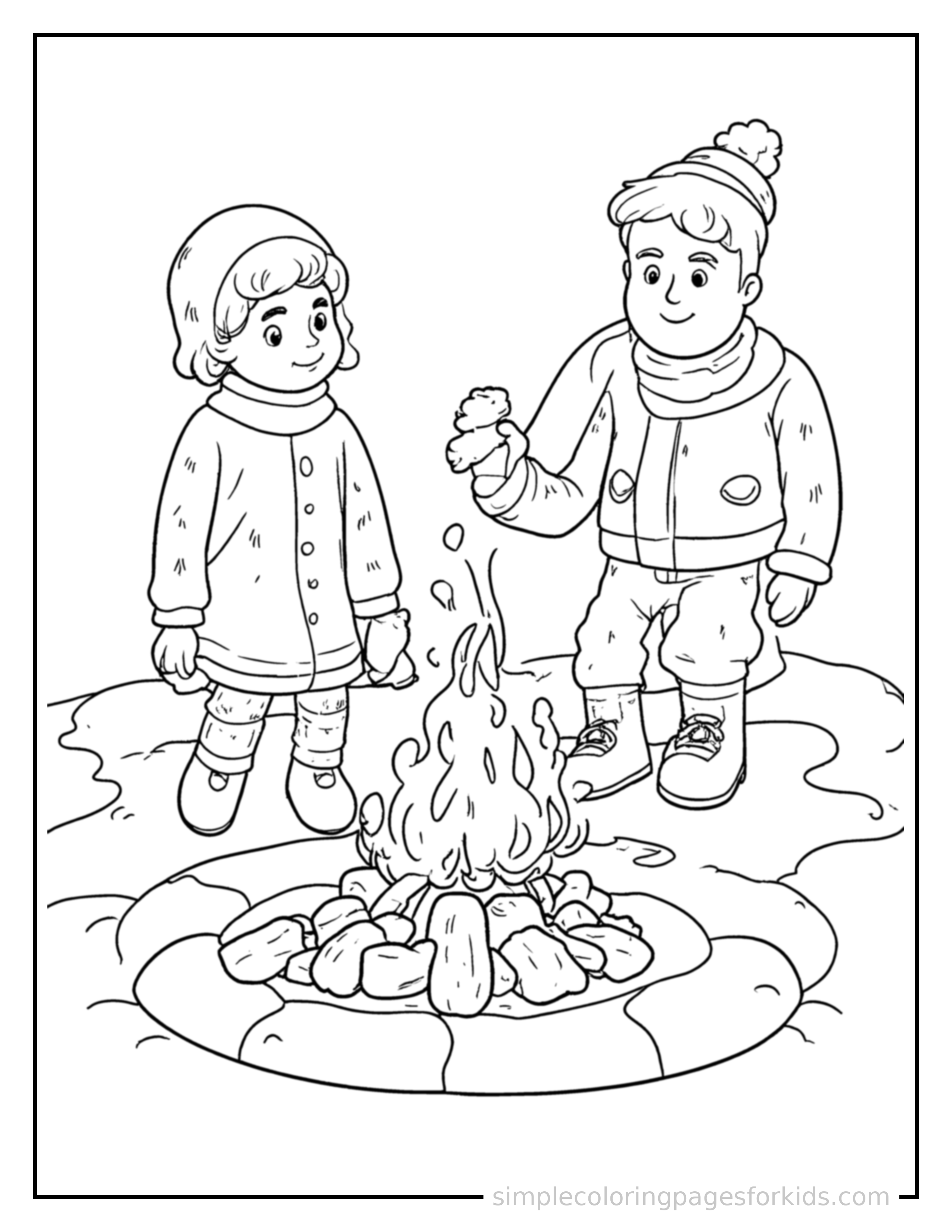 Free printable cozy winter break scene by the fire coloring page featuring a cute cozy winter break scene by the fire, shown with a smaller mini version of itself beside it.