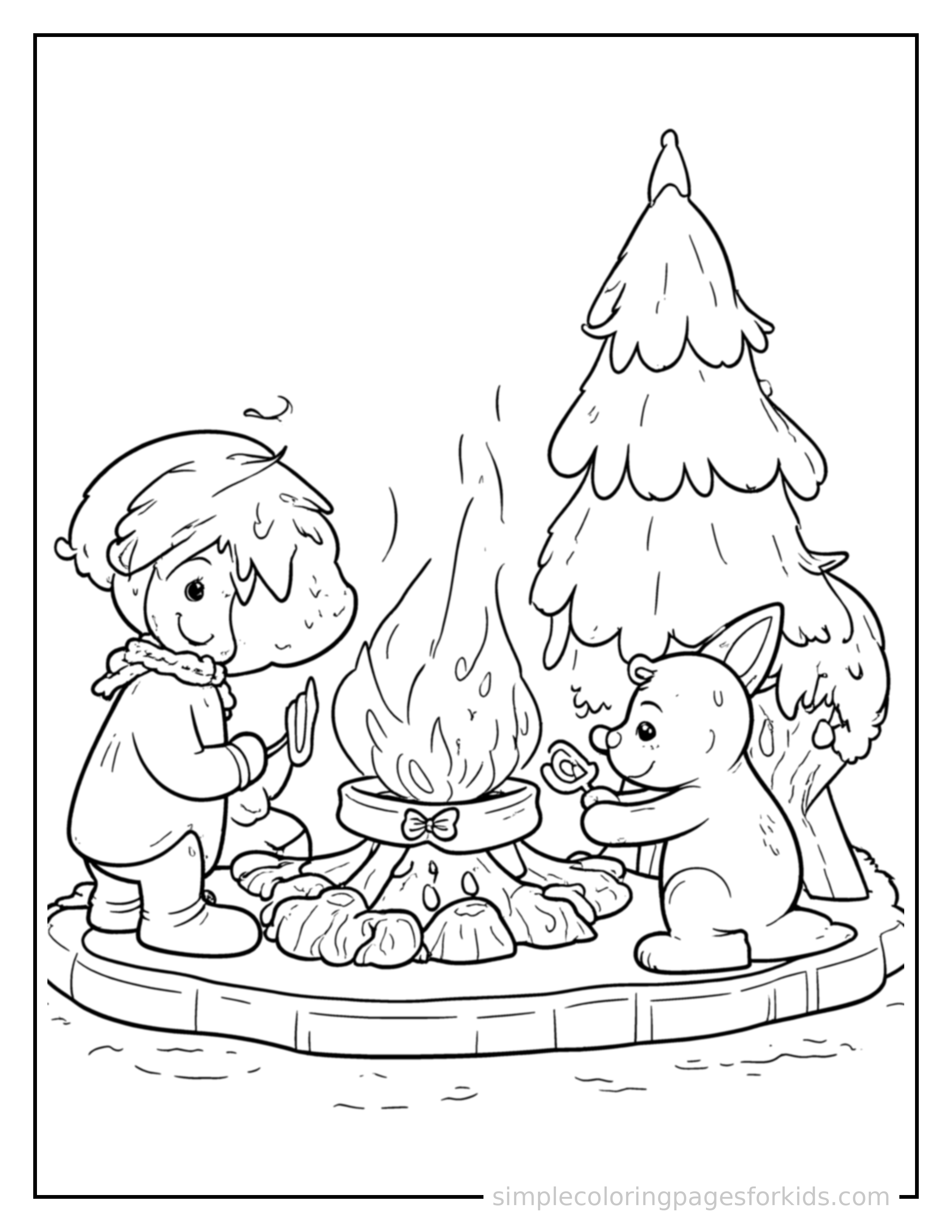 Free printable cozy winter break scene by the fire coloring page featuring a cute cozy winter break scene by the fire, decorated with a simple bow or ribbon for a festive touch.
