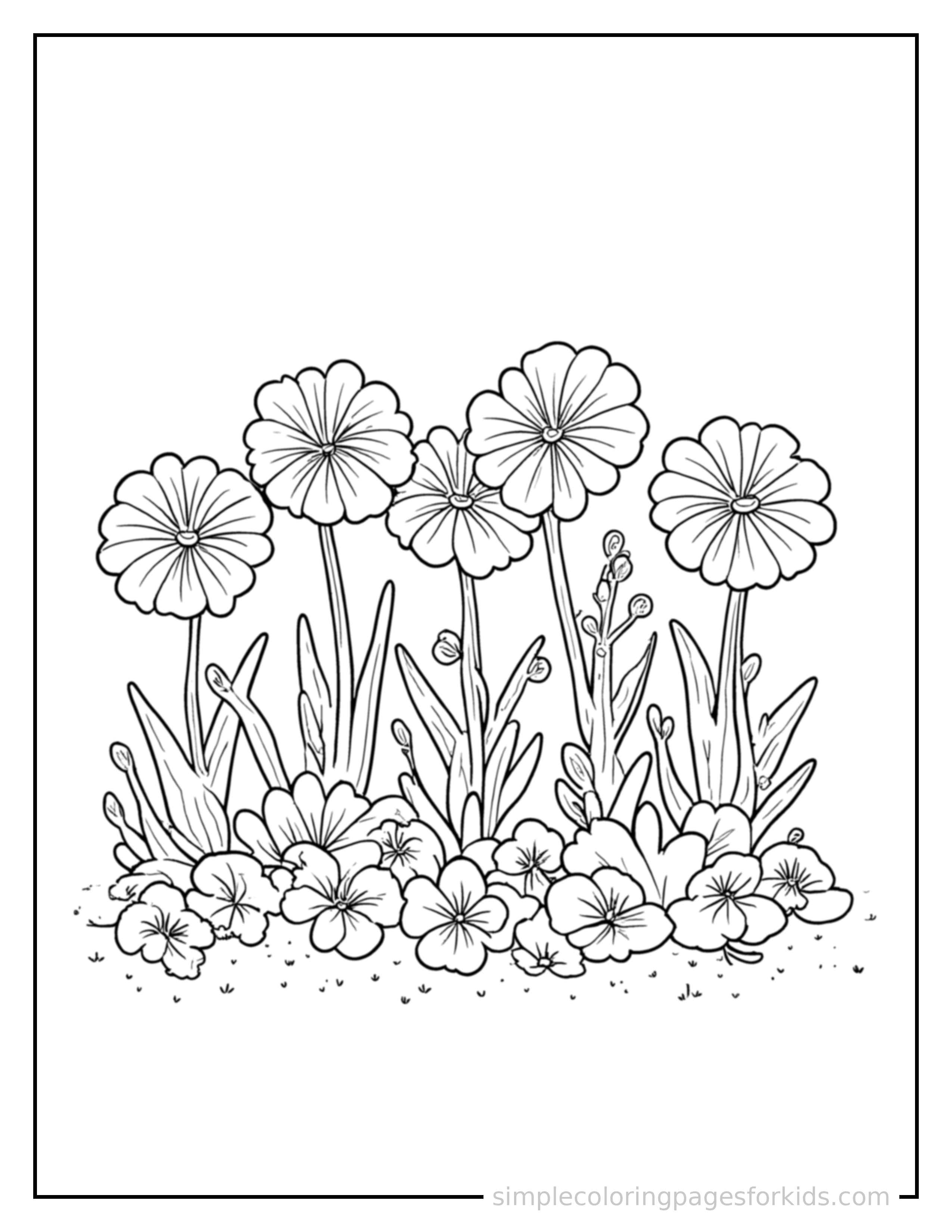 Free printable spring garden full of blooms coloring page featuring a cute spring garden full of blooms, shown from a slightly different angle with small decorative sparkle marks nearby.
