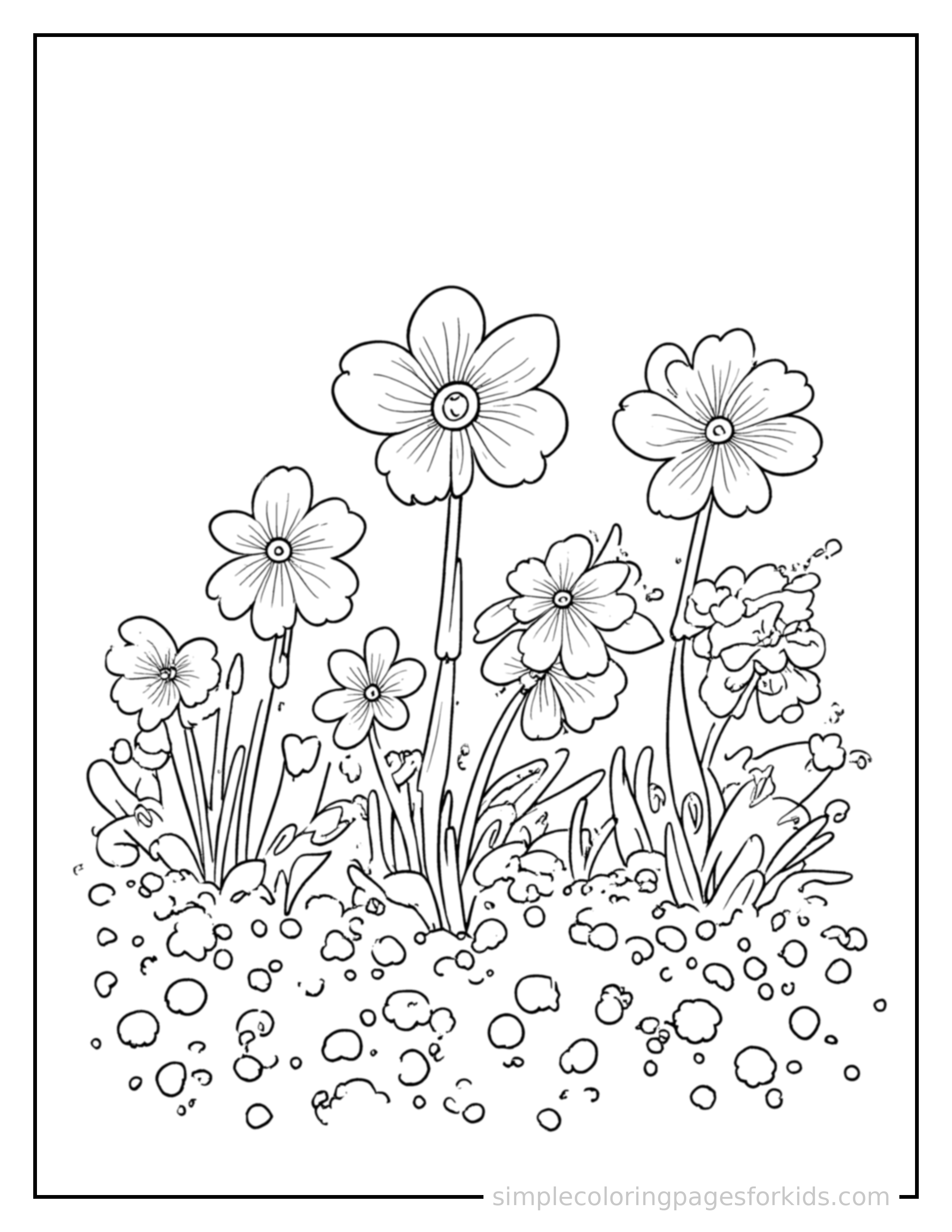 Free printable spring garden full of blooms coloring page featuring a cute spring garden full of blooms, decorated with a simple bow or ribbon for a festive touch.