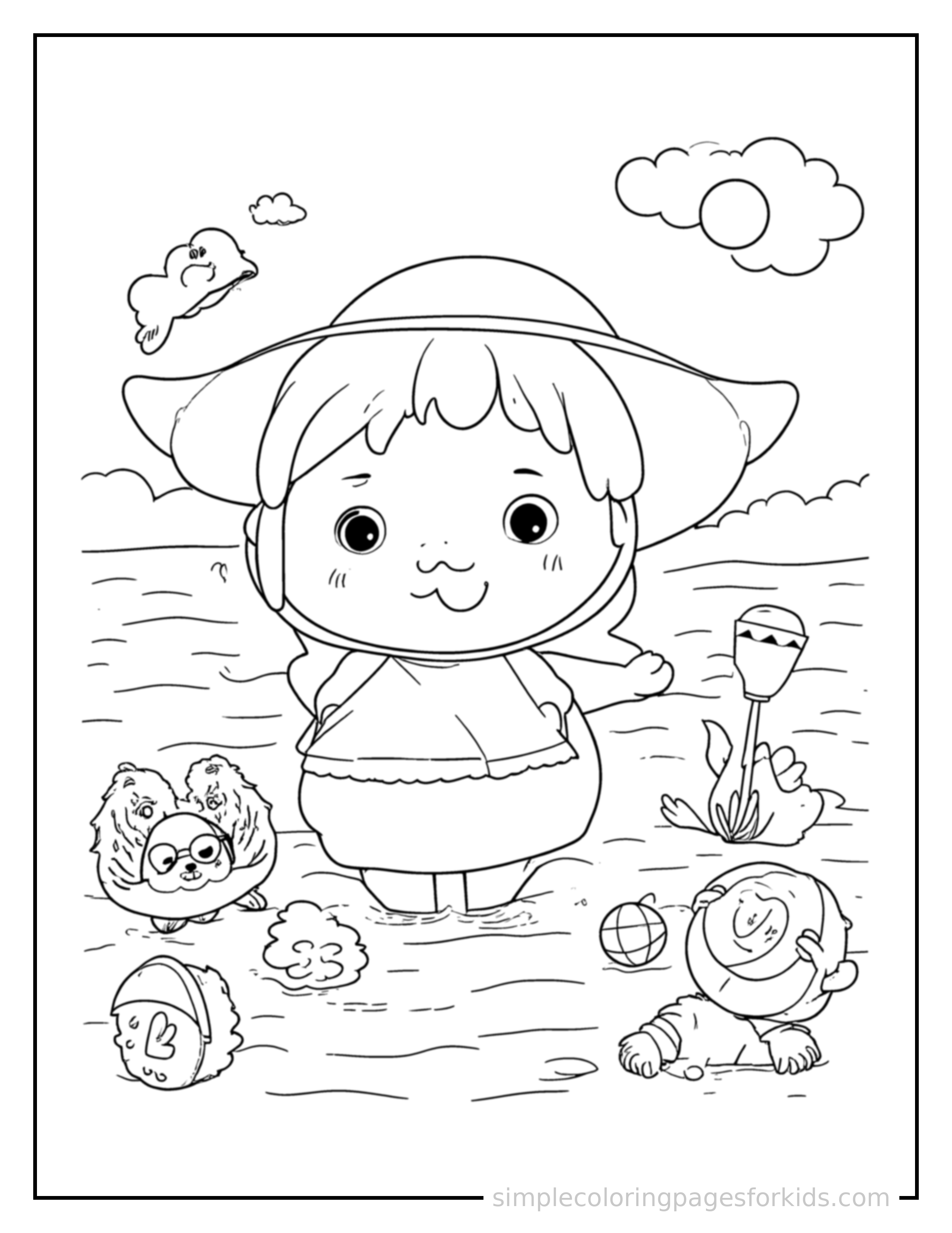 Free printable summer beach day scene coloring page featuring a cute summer beach day scene, shown as a simple central illustration with a cute smiling face.