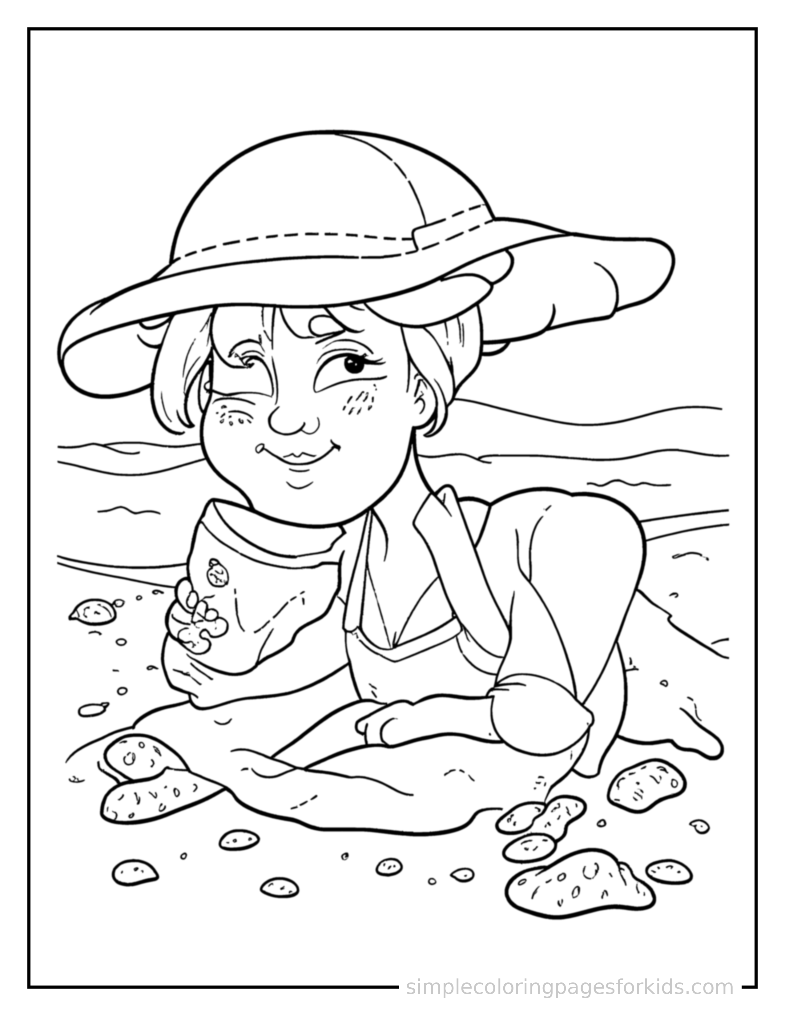 Free printable summer beach day scene coloring page featuring a cute summer beach day scene, shown from a slightly different angle with small decorative sparkle marks nearby.