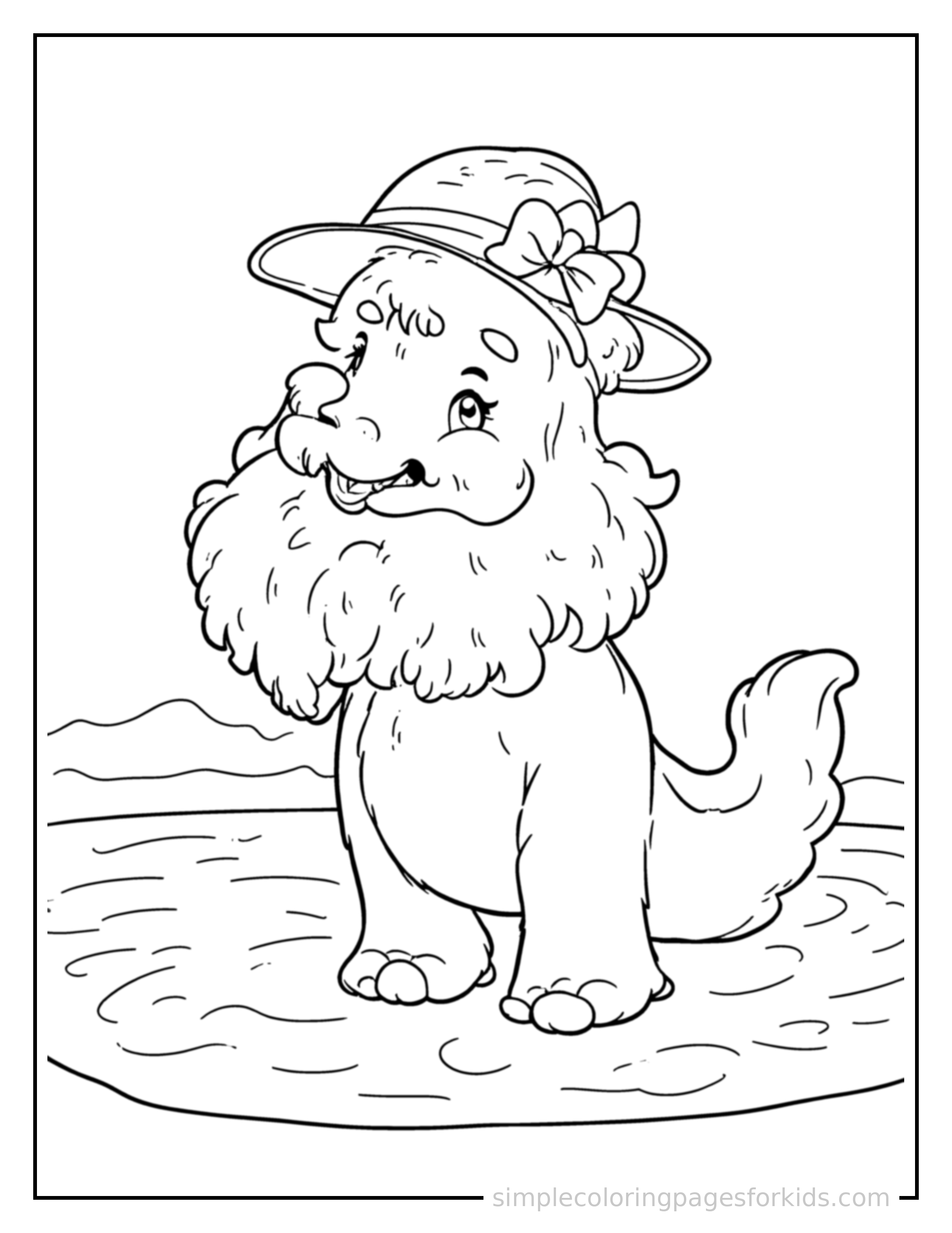 Free printable summer beach day scene coloring page featuring a cute summer beach day scene, decorated with a simple bow or ribbon for a festive touch.