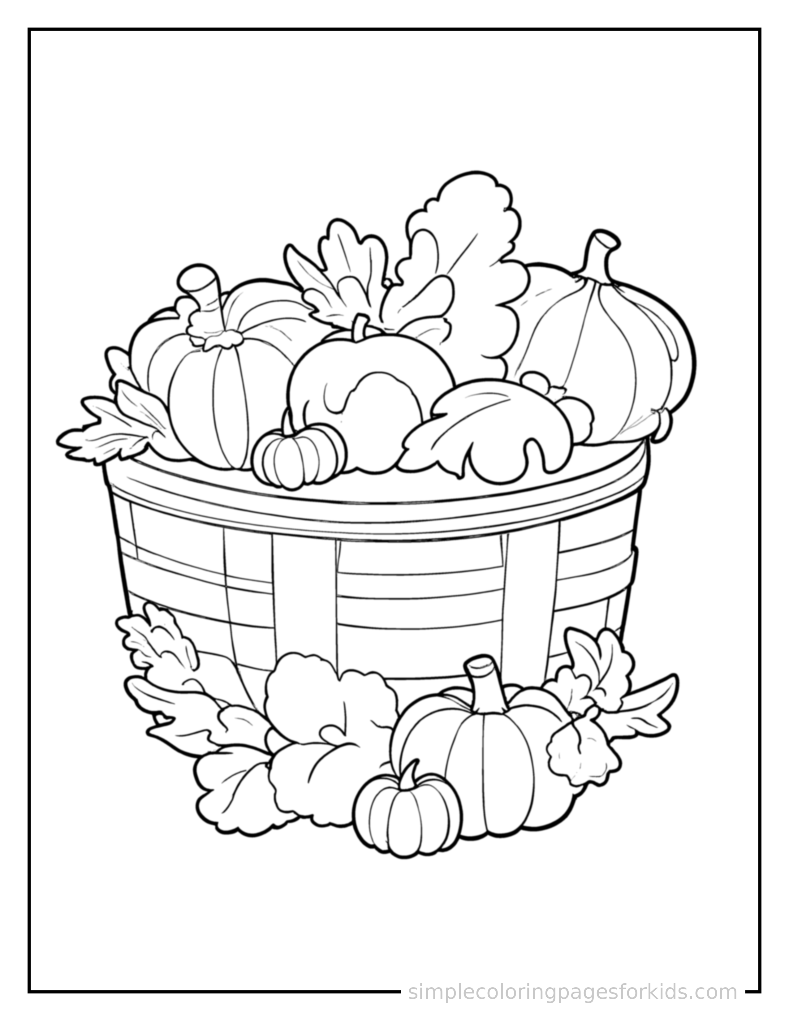 Free printable autumn harvest basket coloring page featuring a cute autumn harvest basket, shown with a smaller mini version of itself beside it.