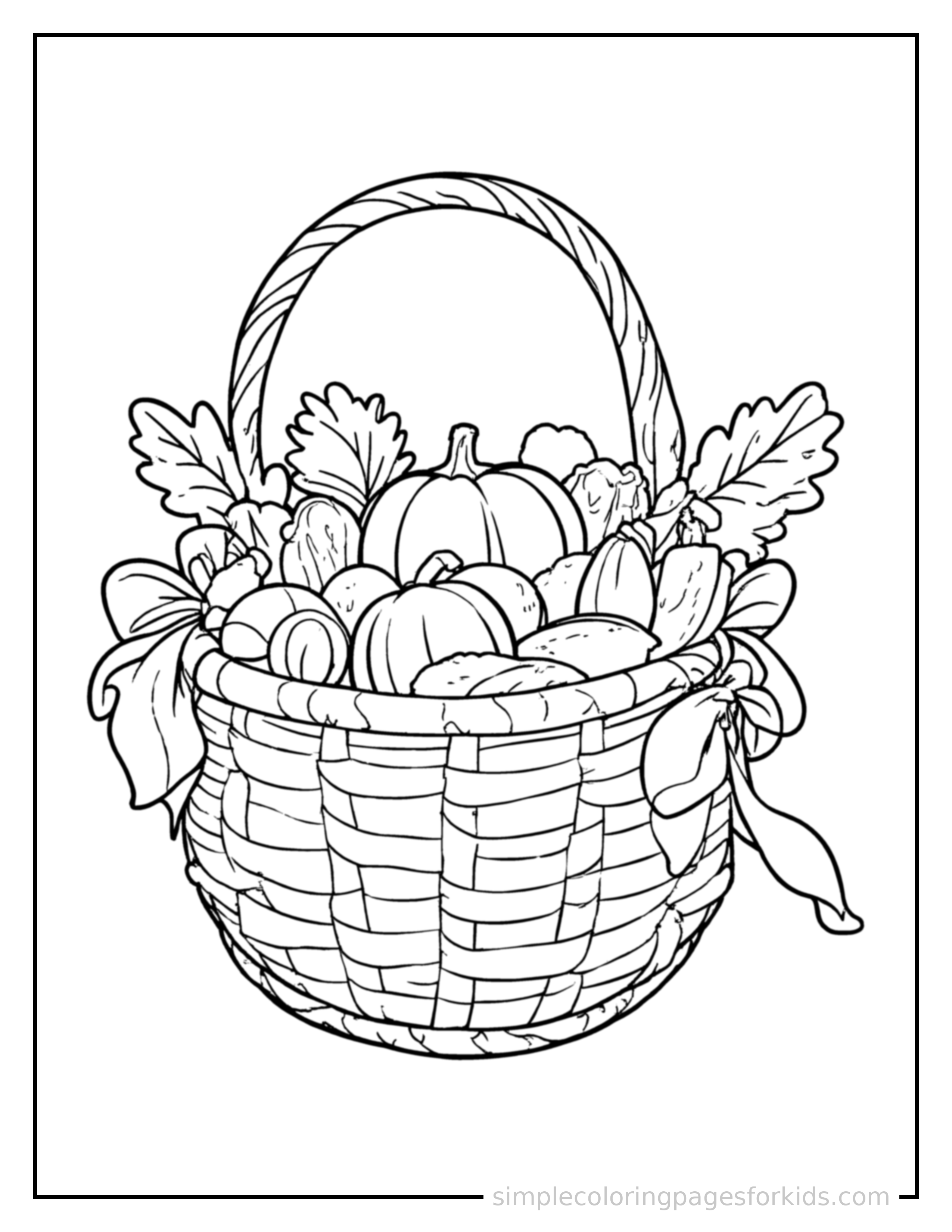 Free printable autumn harvest basket coloring page featuring a cute autumn harvest basket, decorated with a simple bow or ribbon for a festive touch.