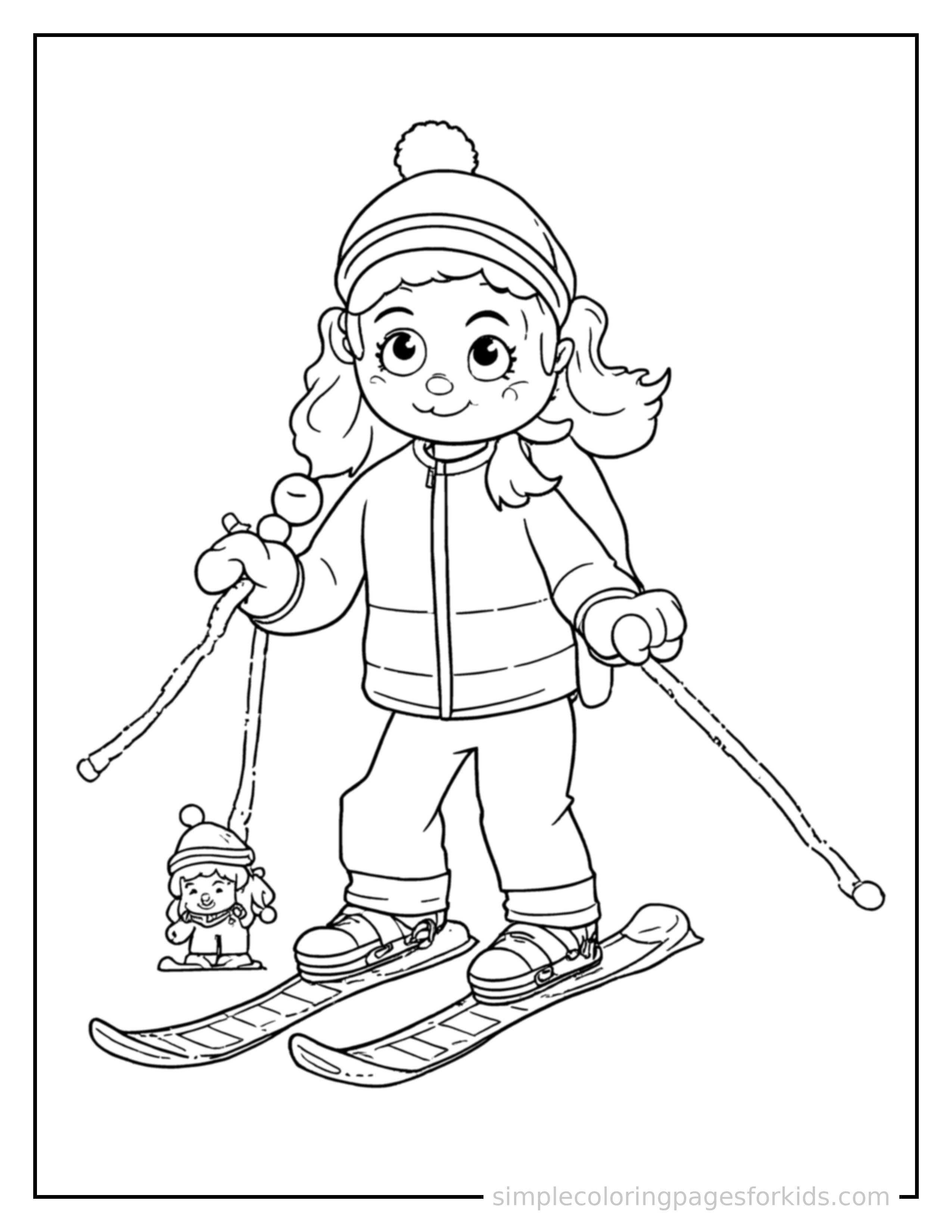 Free printable winter sports like skiing coloring page featuring a cute winter sports like skiing, shown with a smaller mini version of itself beside it.