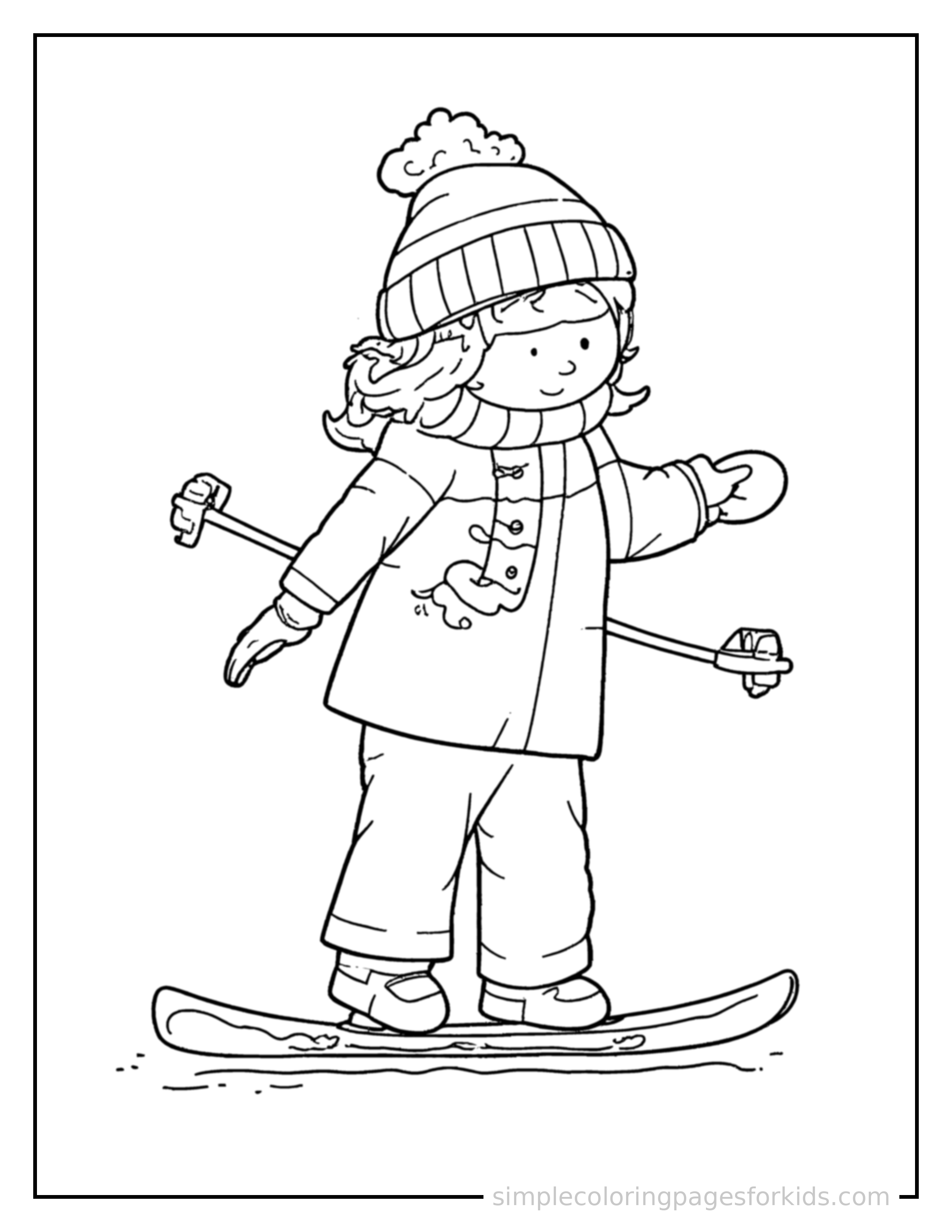Free printable winter sports like skiing coloring page featuring a cute winter sports like skiing, decorated with a simple bow or ribbon for a festive touch.