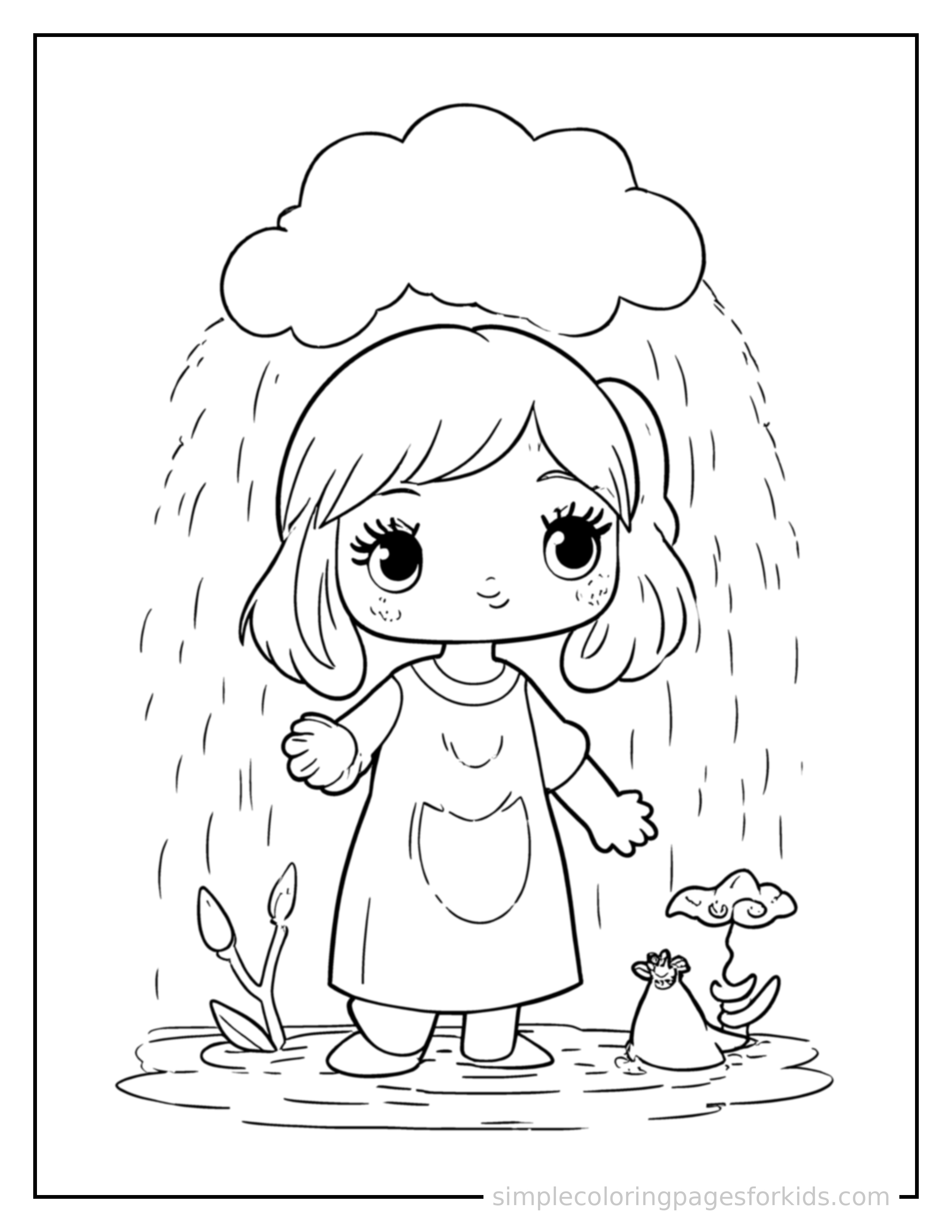 Free printable spring rain shower scene coloring page featuring a cute spring rain shower scene, shown with a smaller mini version of itself beside it.