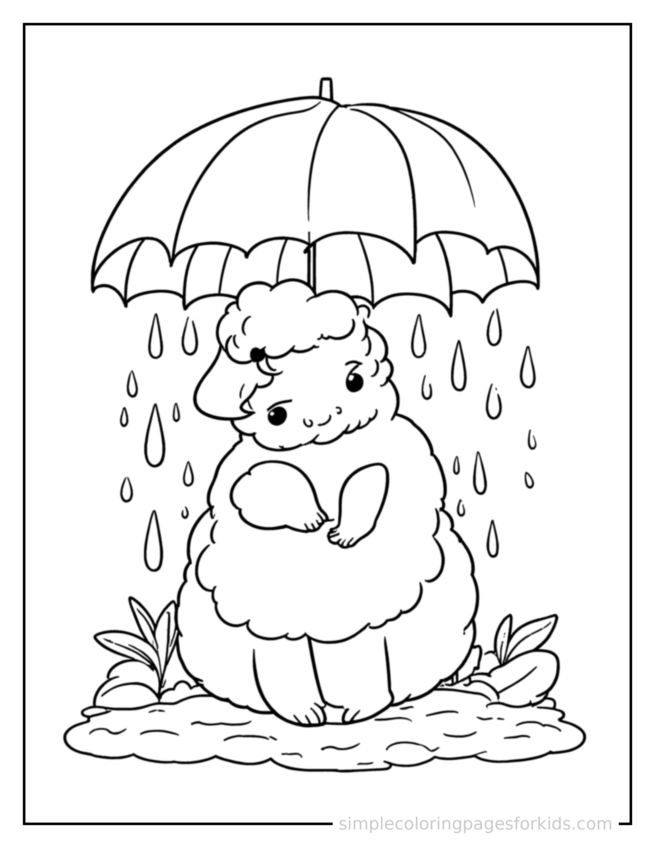 Free printable spring rain shower scene coloring page featuring a cute spring rain shower scene, decorated with a simple bow or ribbon for a festive touch.