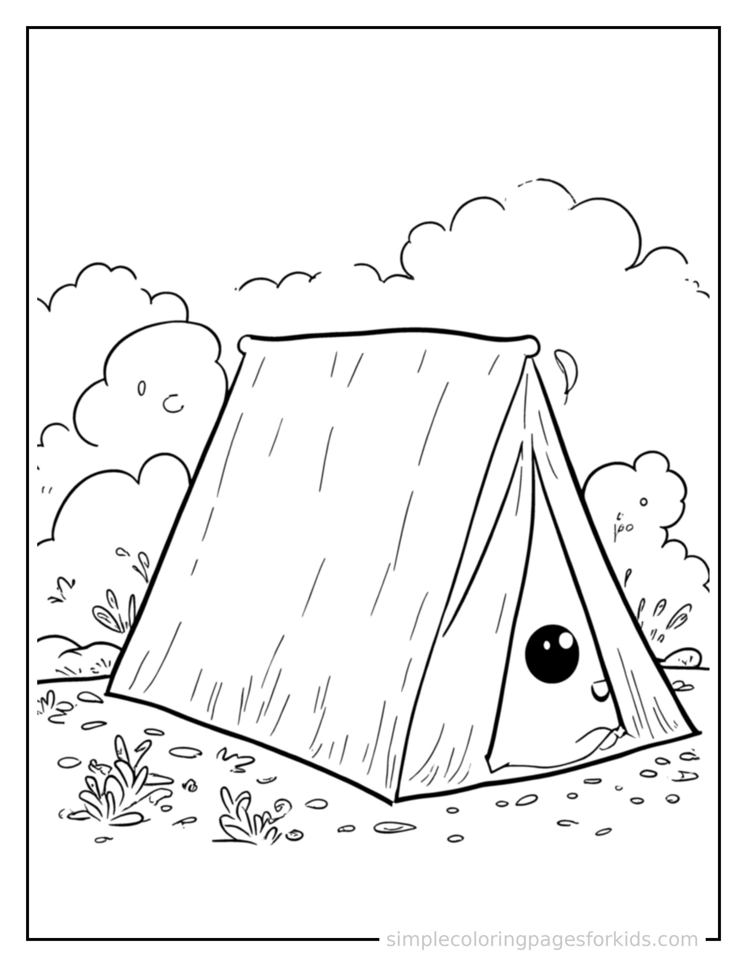 Free printable summer camp tent scene coloring page featuring a cute summer camp tent scene, shown as a simple central illustration with a cute smiling face.