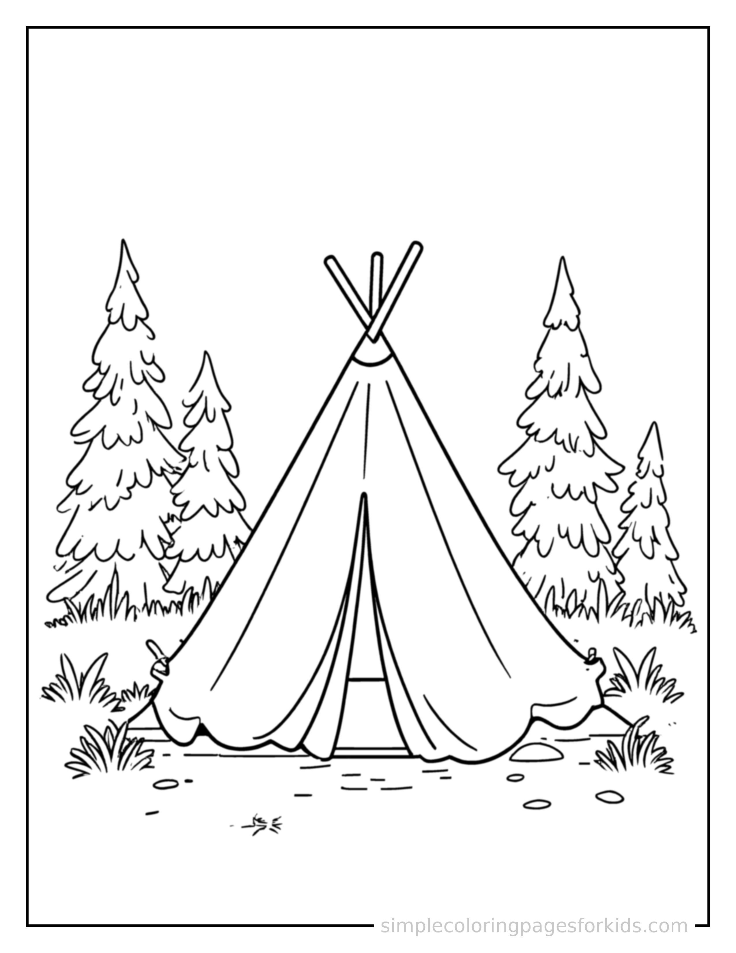 Free printable summer camp tent scene coloring page featuring a cute summer camp tent scene, shown from a slightly different angle with small decorative sparkle marks nearby.
