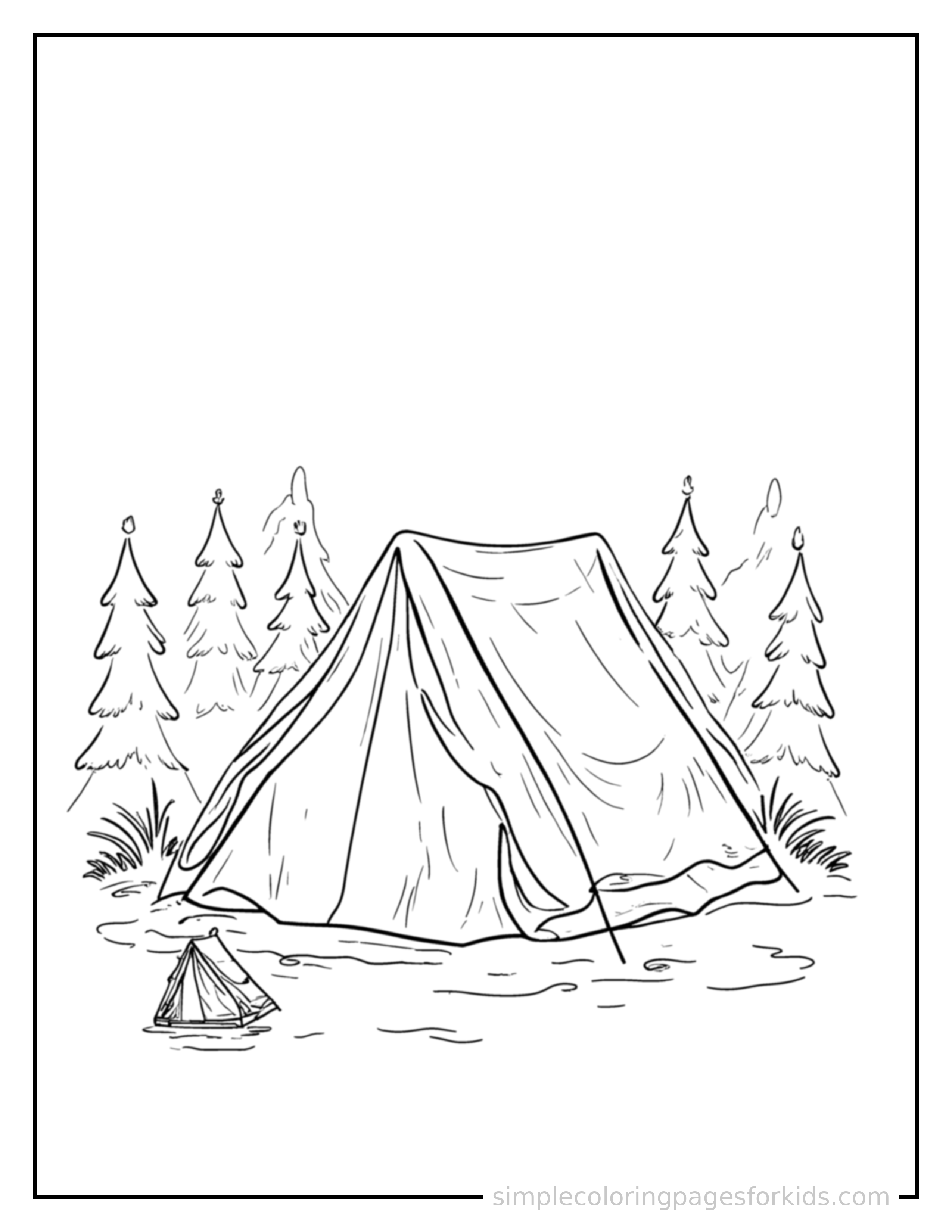 Free printable summer camp tent scene coloring page featuring a cute summer camp tent scene, shown with a smaller mini version of itself beside it.