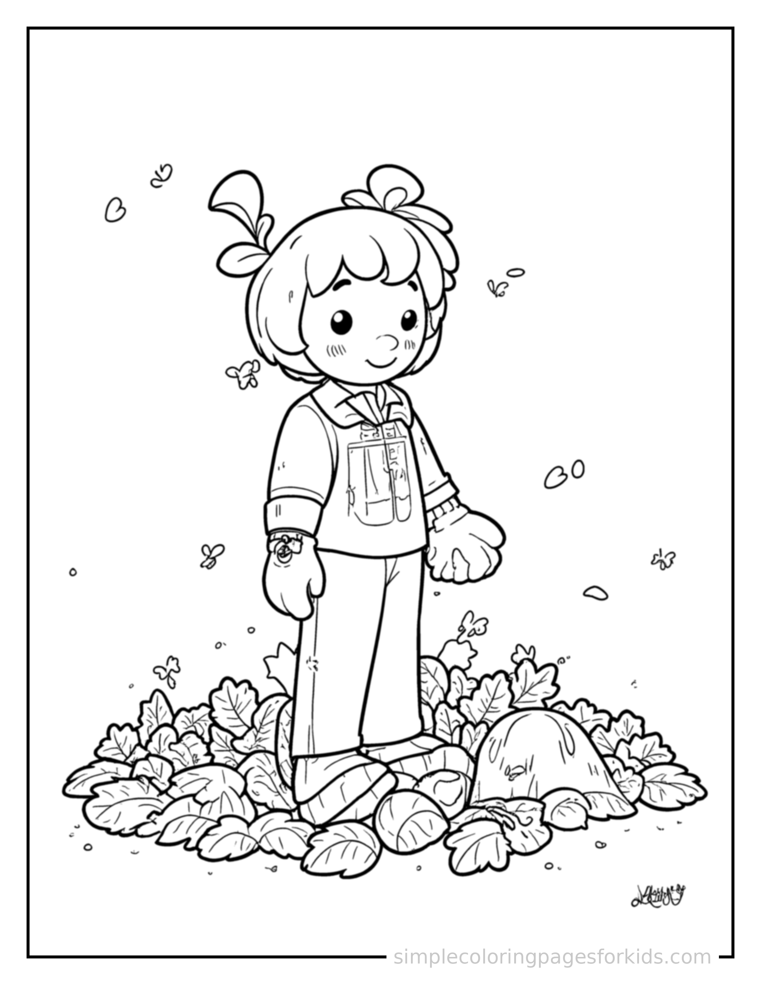 Free printable autumn leaf raking pile coloring page featuring a cute autumn leaf raking pile, decorated with a simple bow or ribbon for a festive touch.