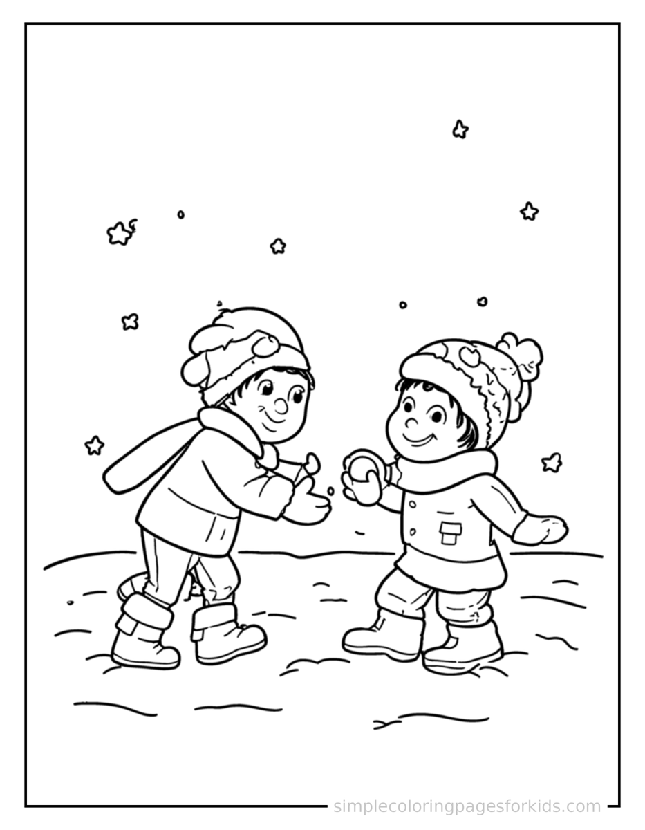 Sparkling Winter Snowball Fight Scene Coloring Page