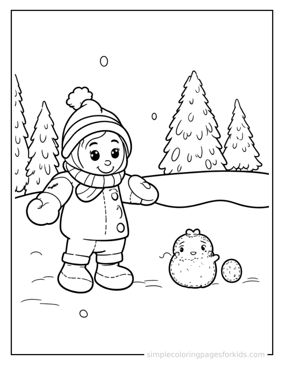 Coloring Scene 3 Winter Snowball Fight Scene Coloring Page