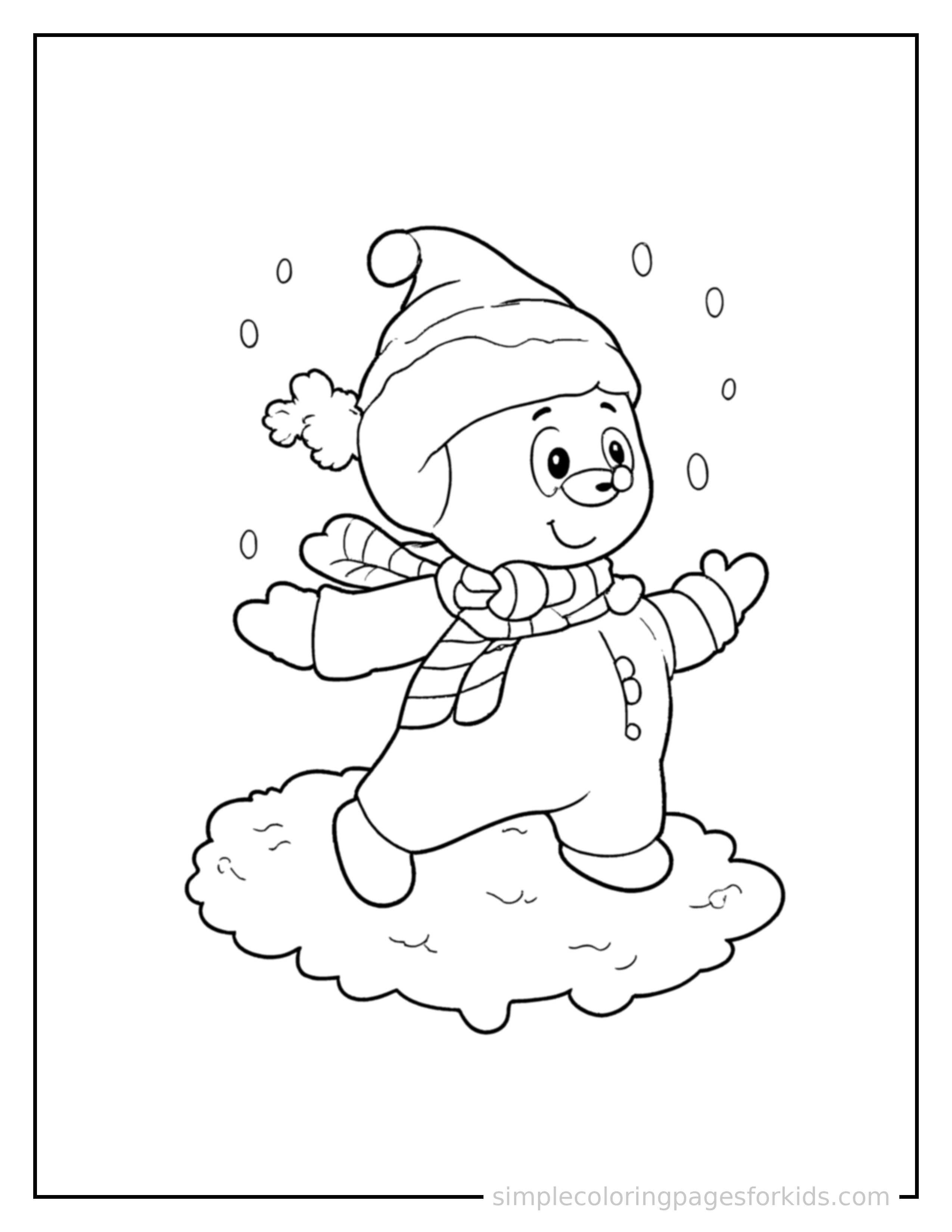 Free printable winter snowball fight scene coloring page featuring a cute winter snowball fight scene, decorated with a simple bow or ribbon for a festive touch.