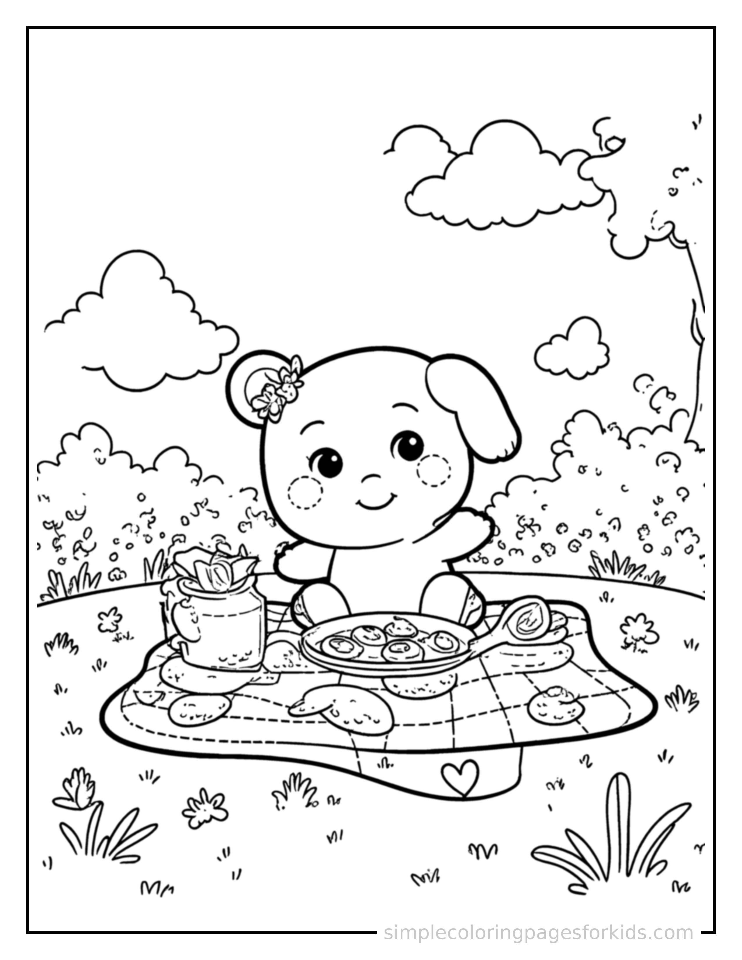 Free printable spring picnic blanket scene coloring page featuring a cute spring picnic blanket scene, shown as a simple central illustration with a cute smiling face.