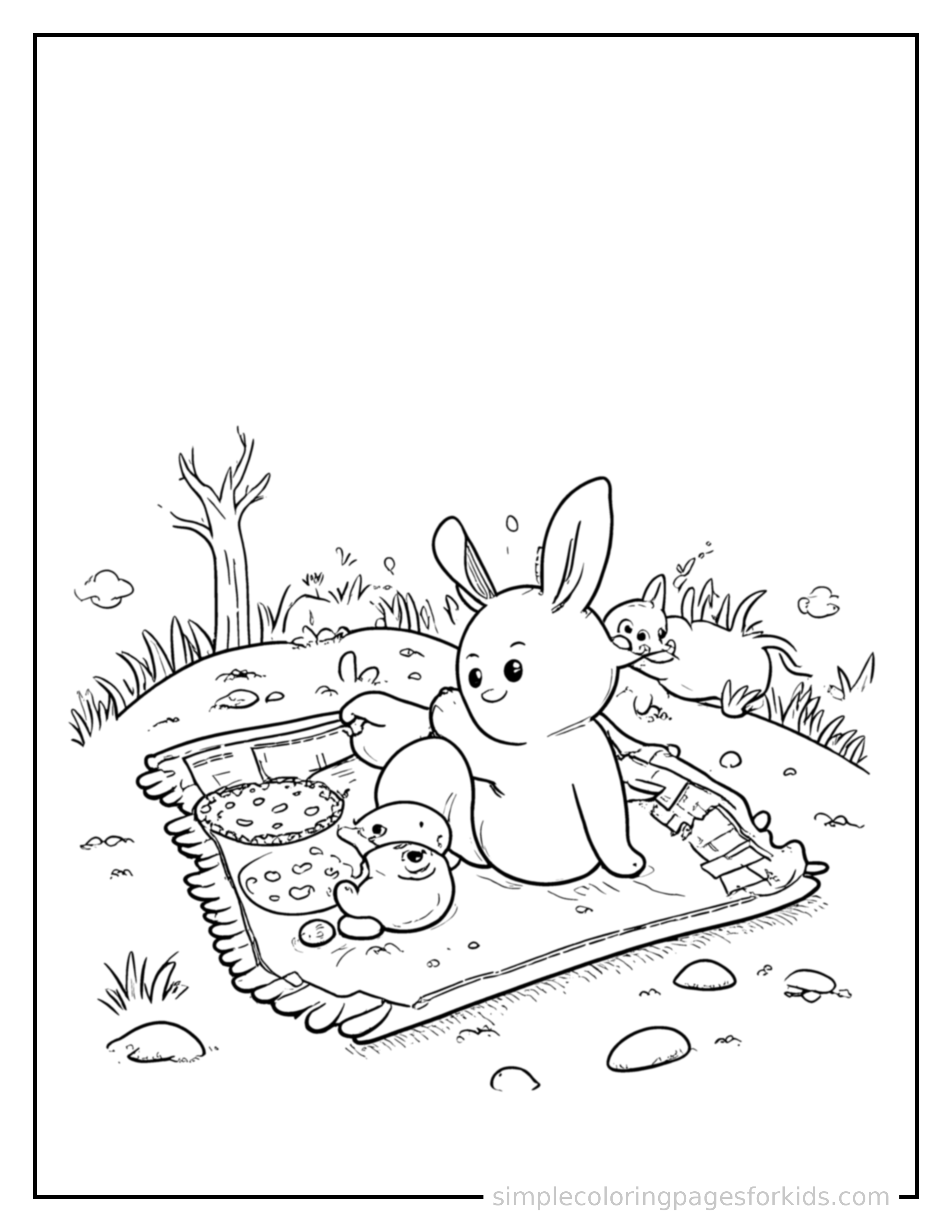 Free printable spring picnic blanket scene coloring page featuring a cute spring picnic blanket scene, shown from a slightly different angle with small decorative sparkle marks nearby.