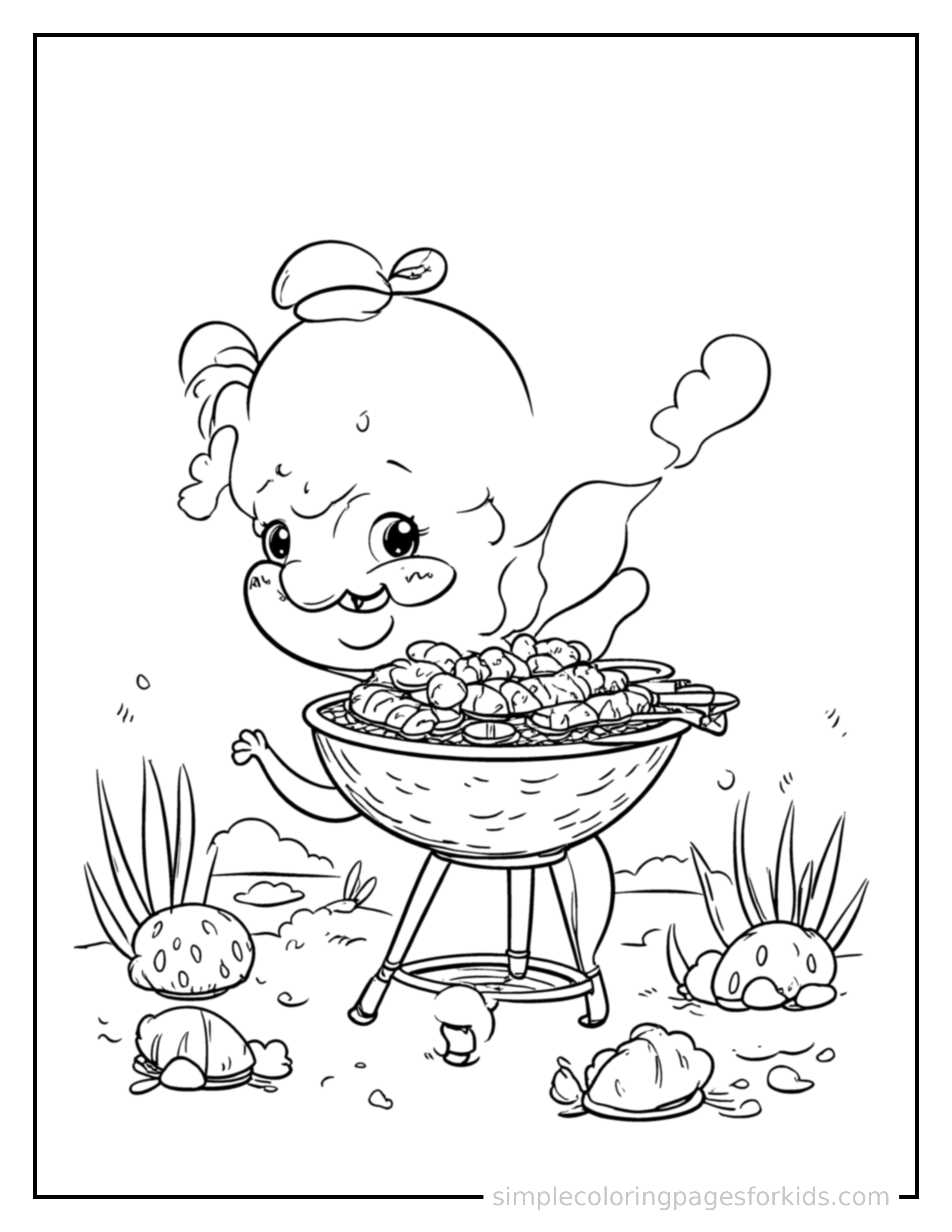 Free printable summer barbecue grill scene coloring page featuring a cute summer barbecue grill scene, shown as a simple central illustration with a cute smiling face.
