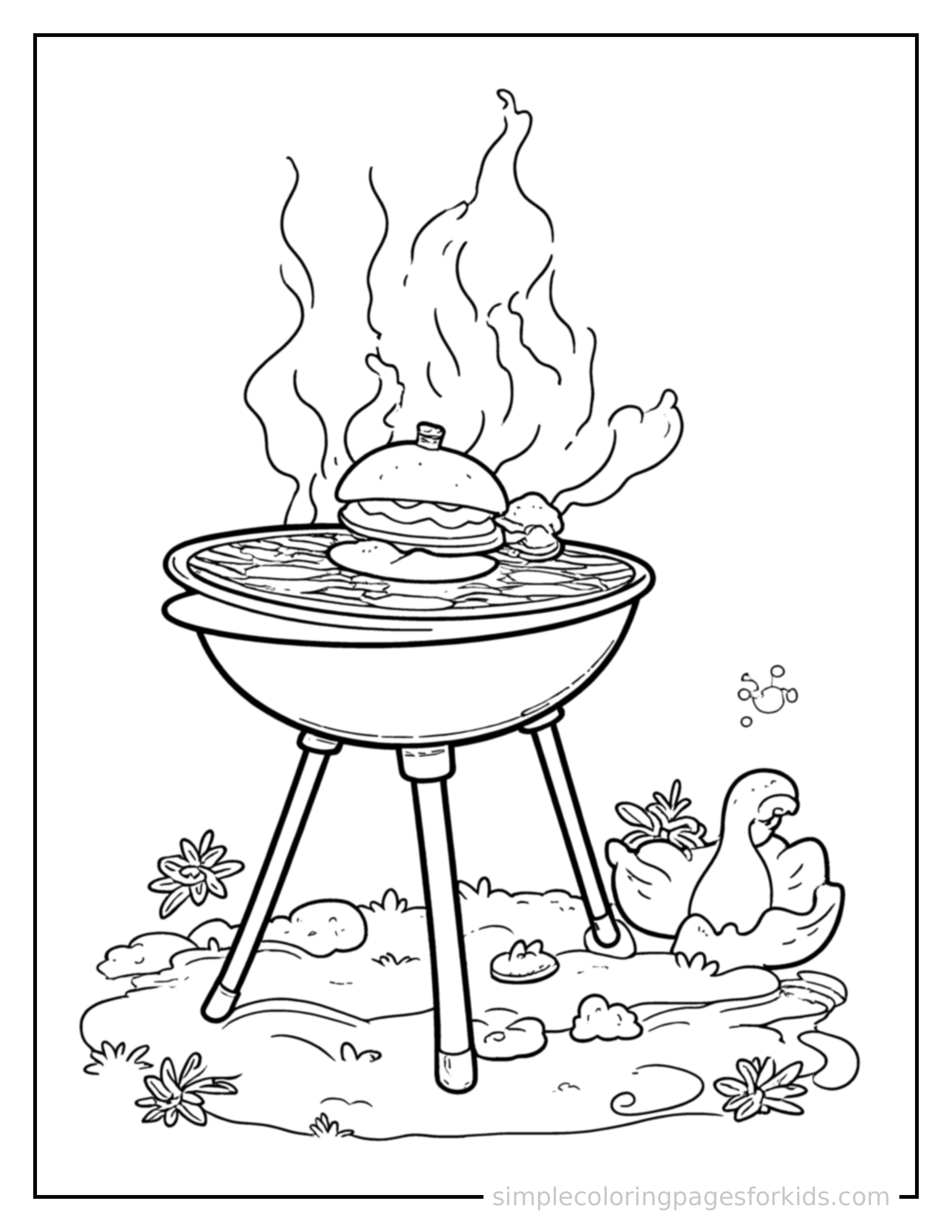 Free printable summer barbecue grill scene coloring page featuring a cute summer barbecue grill scene, shown from a slightly different angle with small decorative sparkle marks nearby.