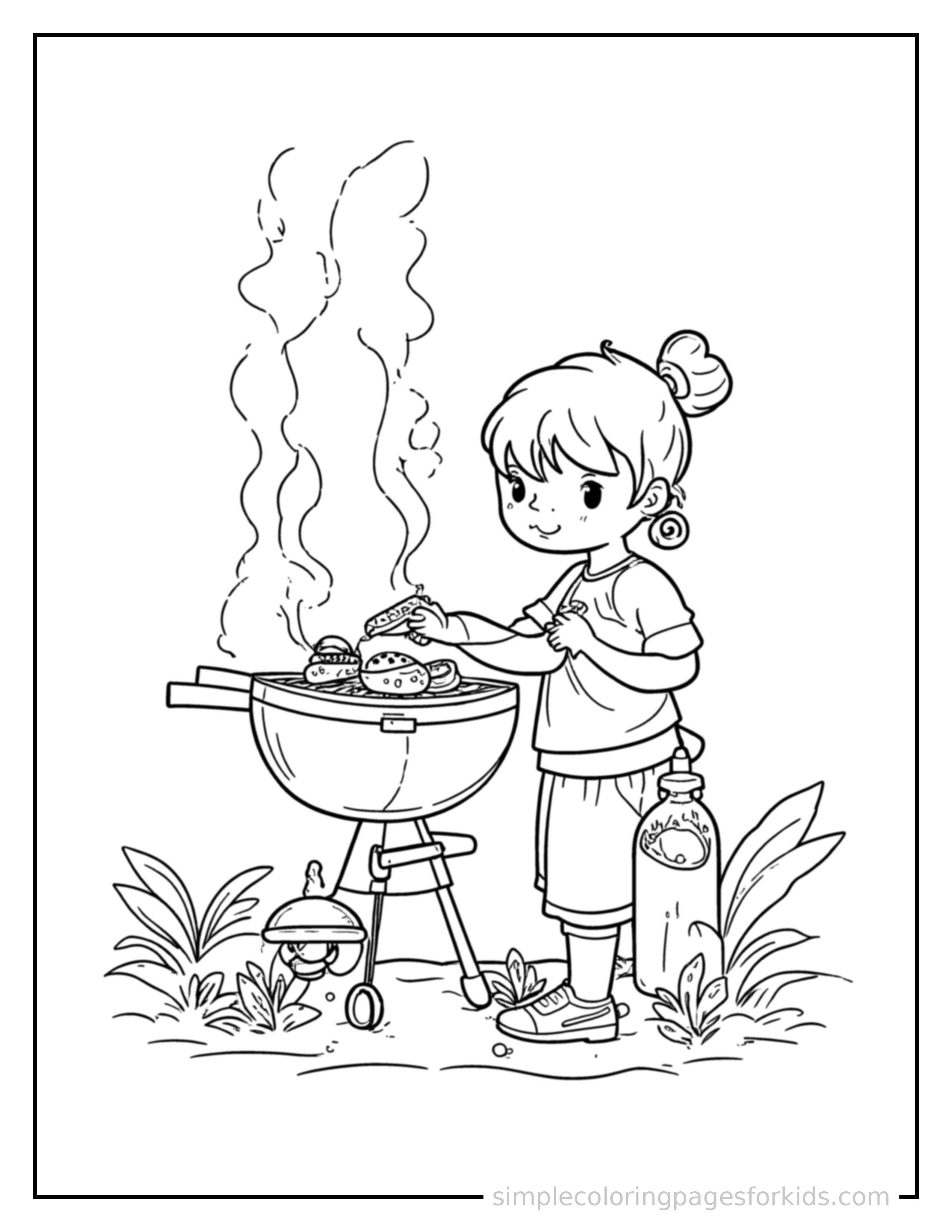 Free printable summer barbecue grill scene coloring page featuring a cute summer barbecue grill scene, shown with a smaller mini version of itself beside it.