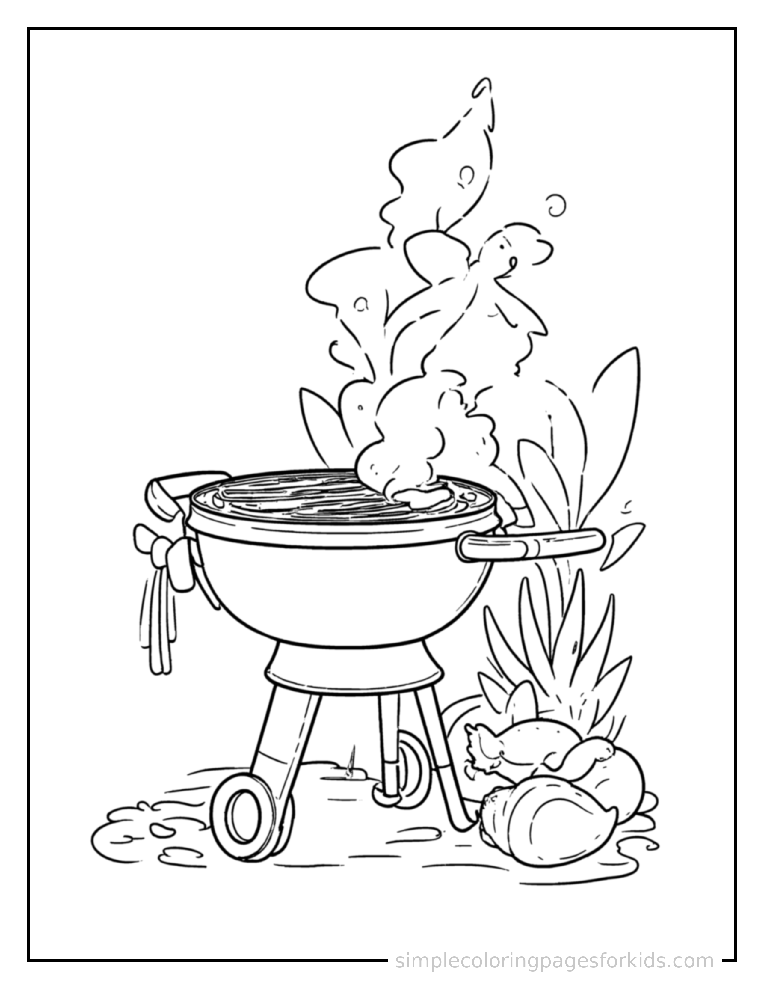 Free printable summer barbecue grill scene coloring page featuring a cute summer barbecue grill scene, decorated with a simple bow or ribbon for a festive touch.
