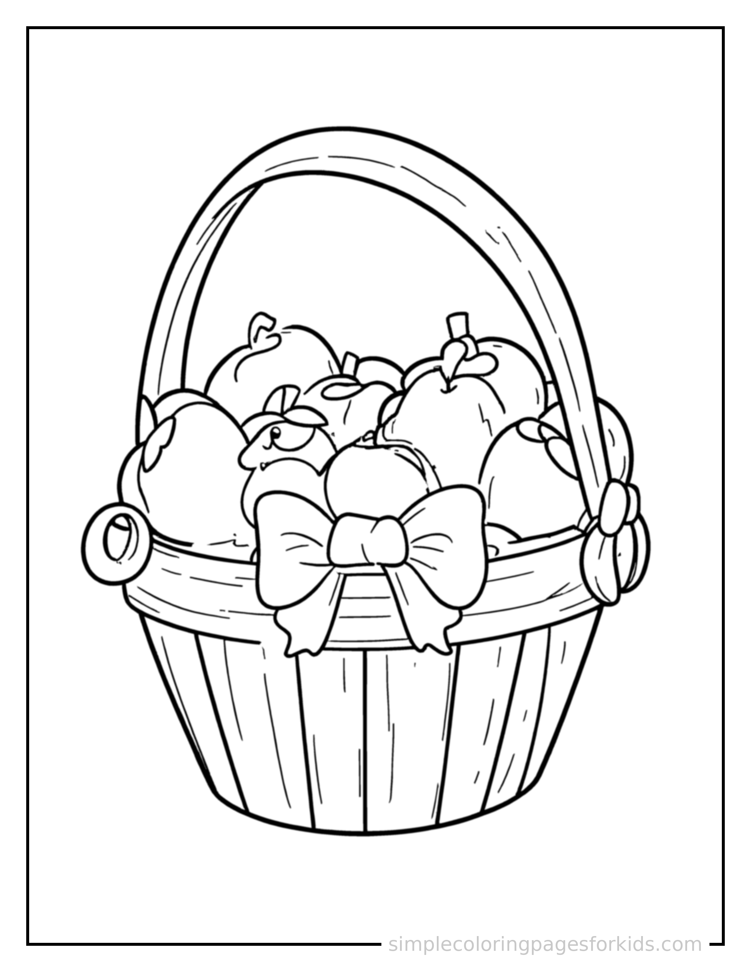 Free printable autumn apple picking basket coloring page featuring a cute autumn apple picking basket, decorated with a simple bow or ribbon for a festive touch.