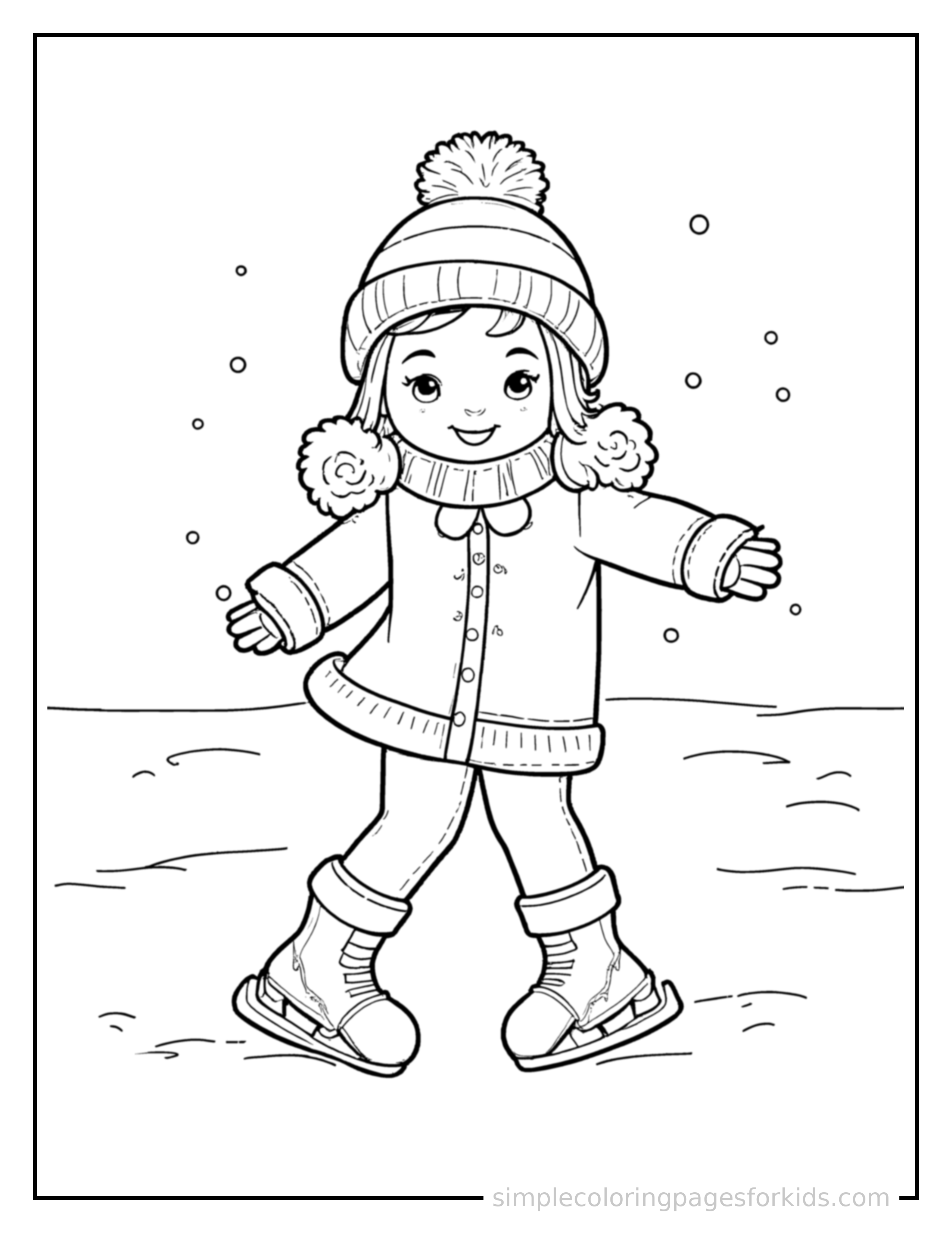 Free printable winter ice skating scene coloring page featuring a cute winter ice skating scene, shown as a simple central illustration with a cute smiling face.