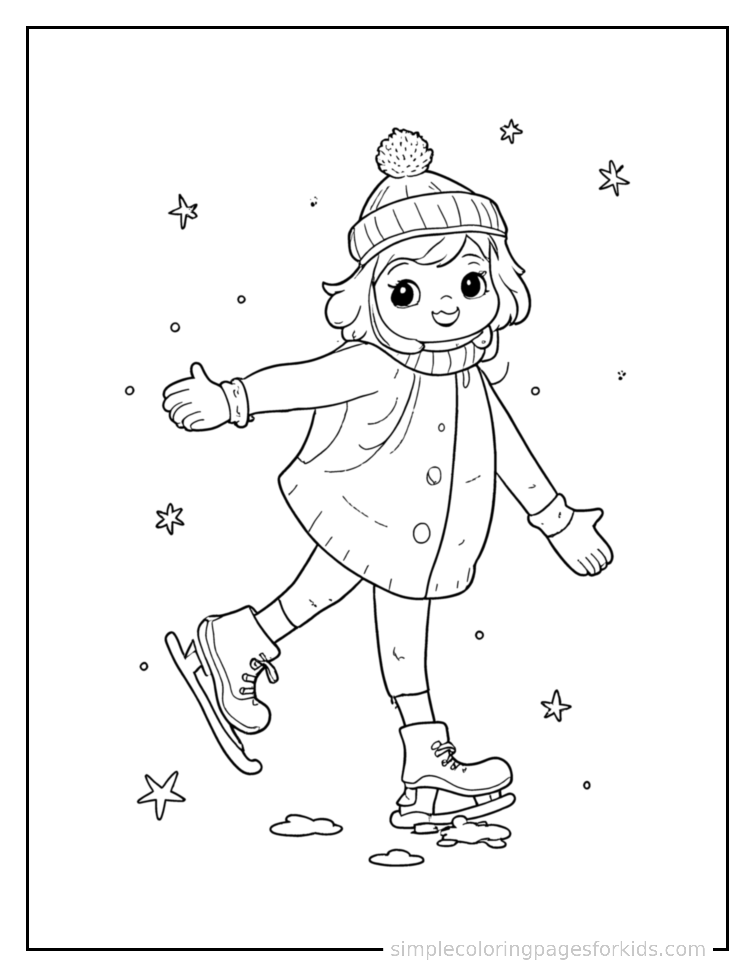 Free printable winter ice skating scene coloring page featuring a cute winter ice skating scene, shown from a slightly different angle with small decorative sparkle marks nearby.