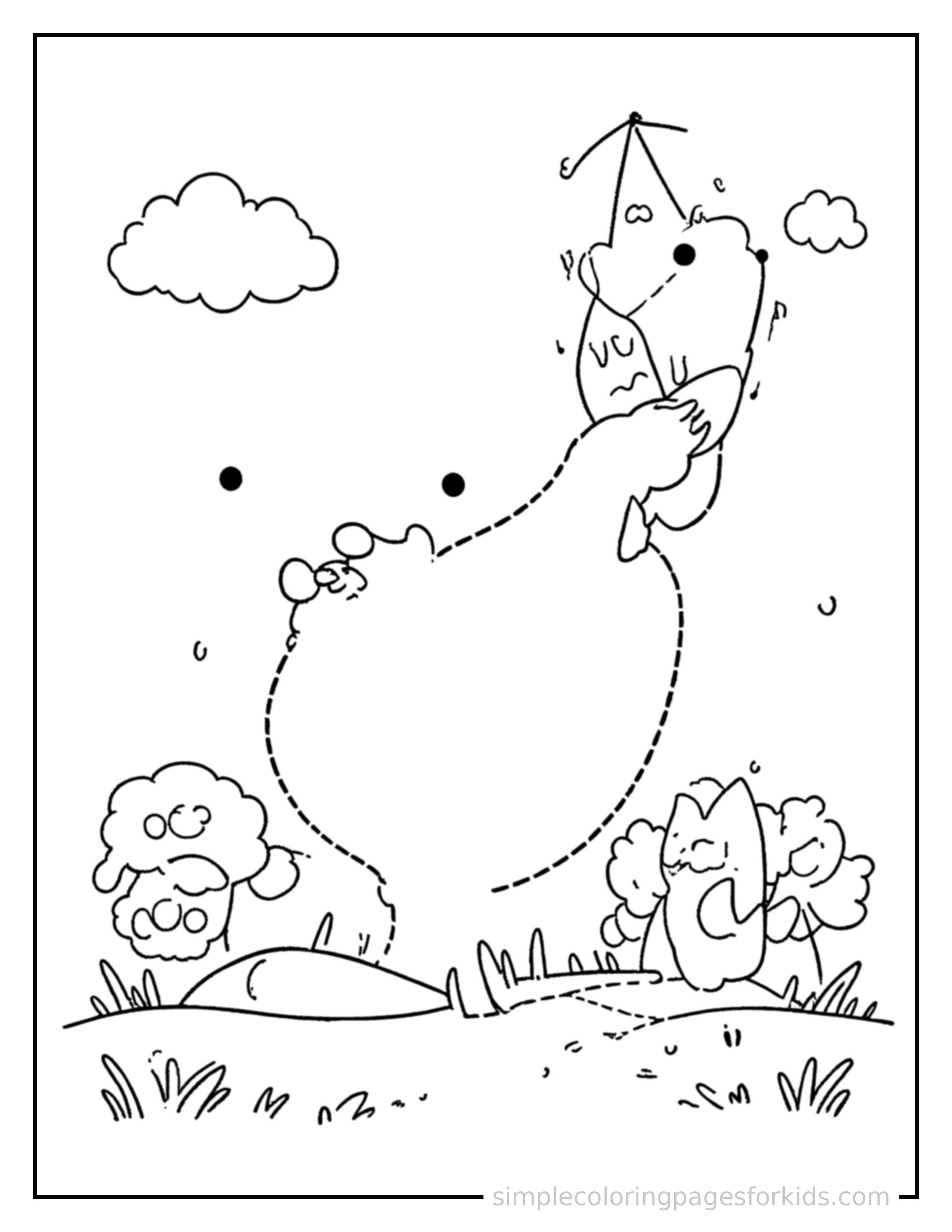 Free printable spring kite flying scene coloring page featuring a cute spring kite flying scene, shown as a simple central illustration with a cute smiling face.