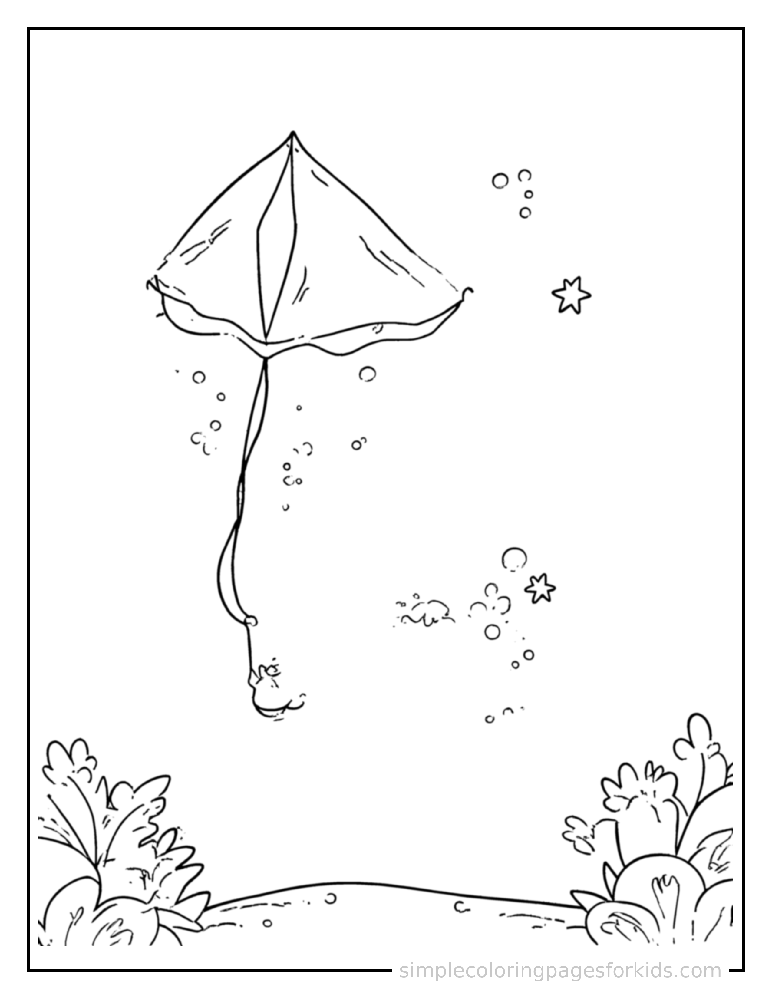 Free printable spring kite flying scene coloring page featuring a cute spring kite flying scene, shown from a slightly different angle with small decorative sparkle marks nearby.