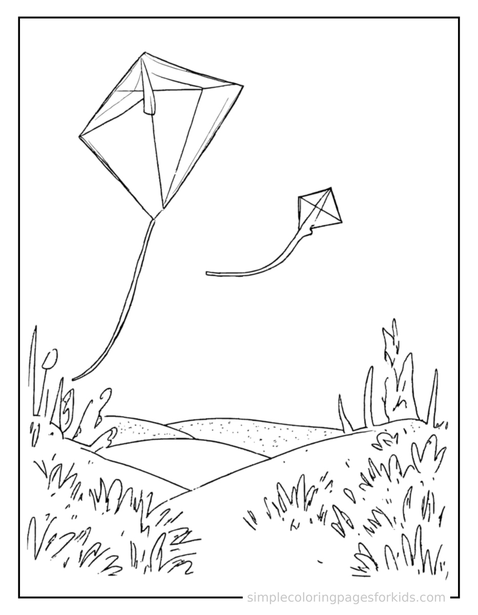Flying Spring Kite Flying Scene Coloring Page