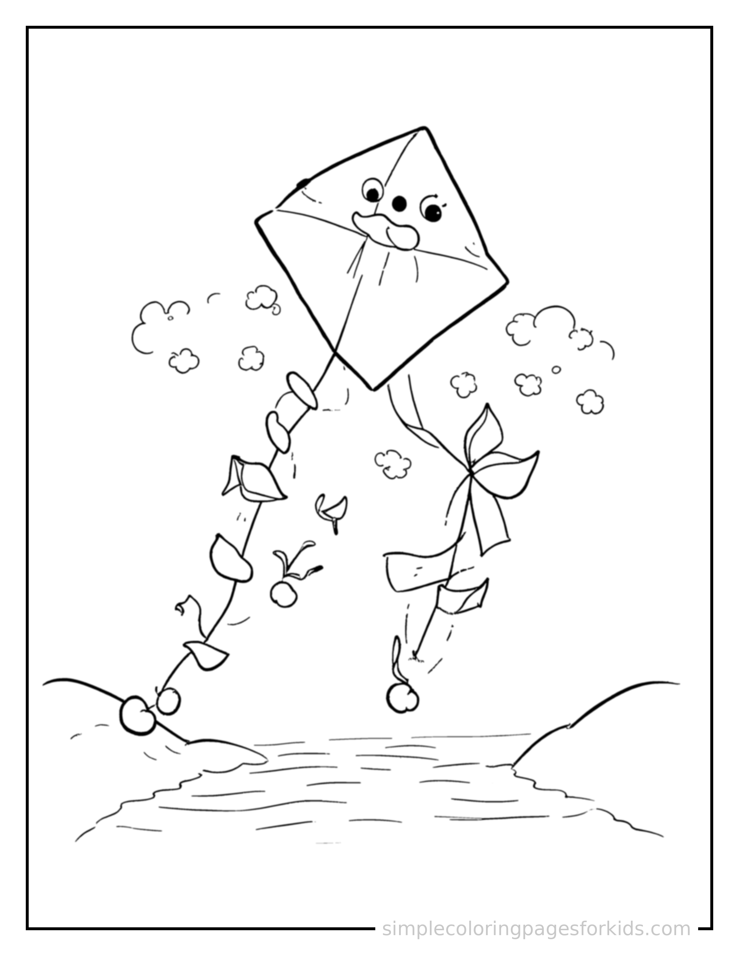 Free printable spring kite flying scene coloring page featuring a cute spring kite flying scene, decorated with a simple bow or ribbon for a festive touch.