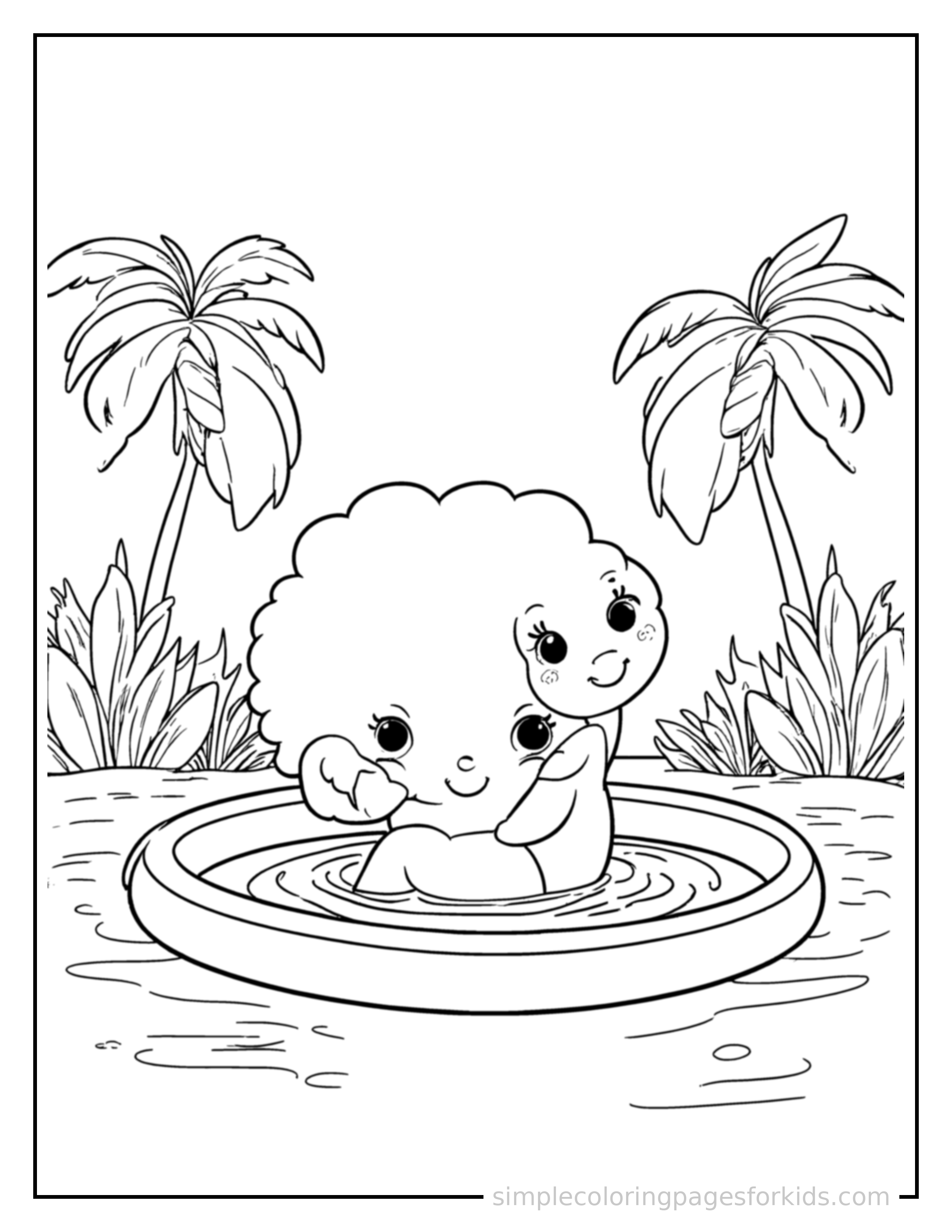 Free printable summer swimming pool scene coloring page featuring a cute summer swimming pool scene, shown as a simple central illustration with a cute smiling face.