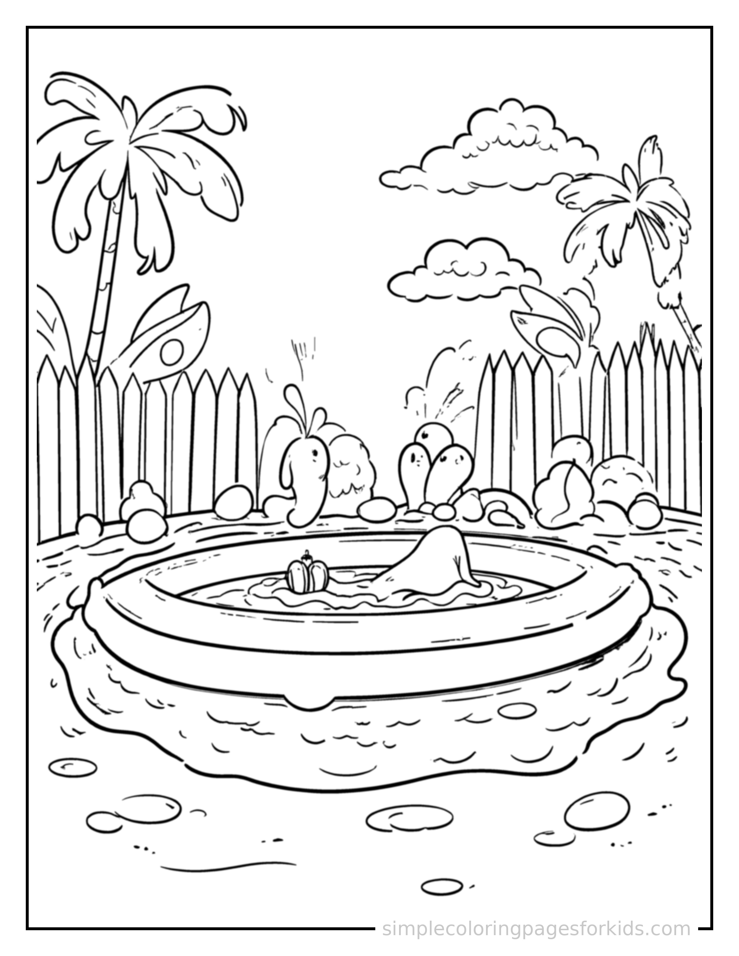 Free printable summer swimming pool scene coloring page featuring a cute summer swimming pool scene, shown from a slightly different angle with small decorative sparkle marks nearby.