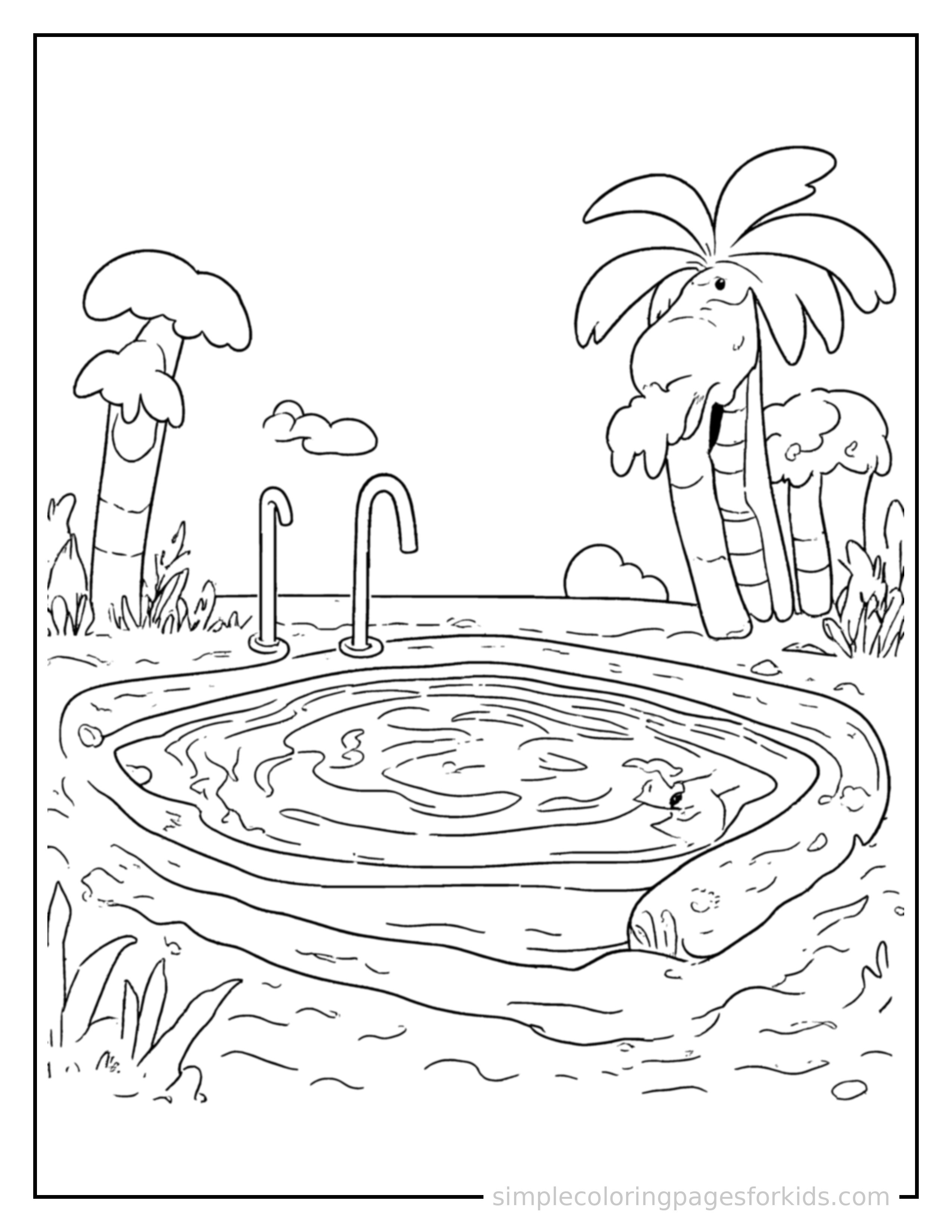 Free printable summer swimming pool scene coloring page featuring a cute summer swimming pool scene, shown with a smaller mini version of itself beside it.