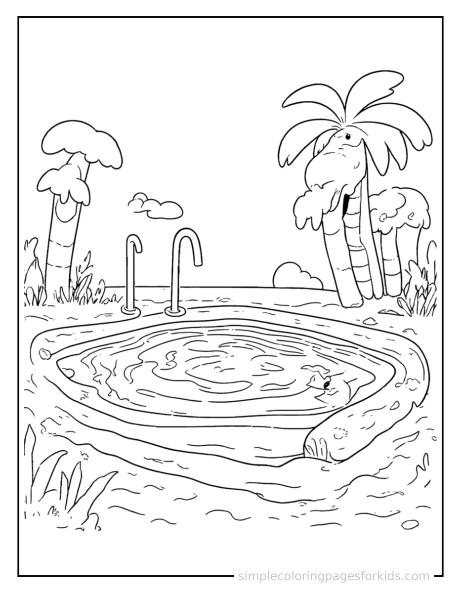 Swimming Summer Swimming Pool Scene Coloring Page