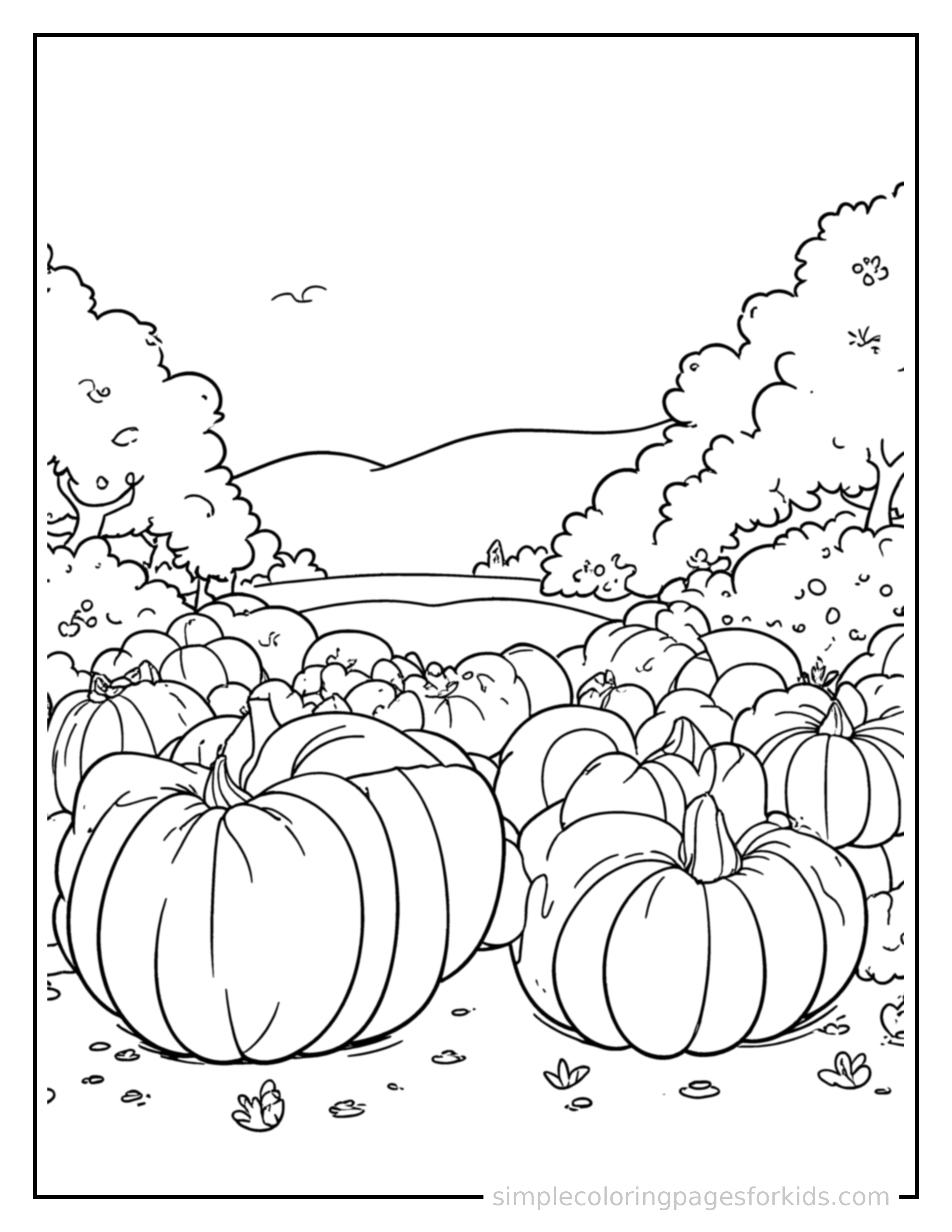 Free printable autumn pumpkin patch scene coloring page featuring a cute autumn pumpkin patch scene, shown from a slightly different angle with small decorative sparkle marks nearby.