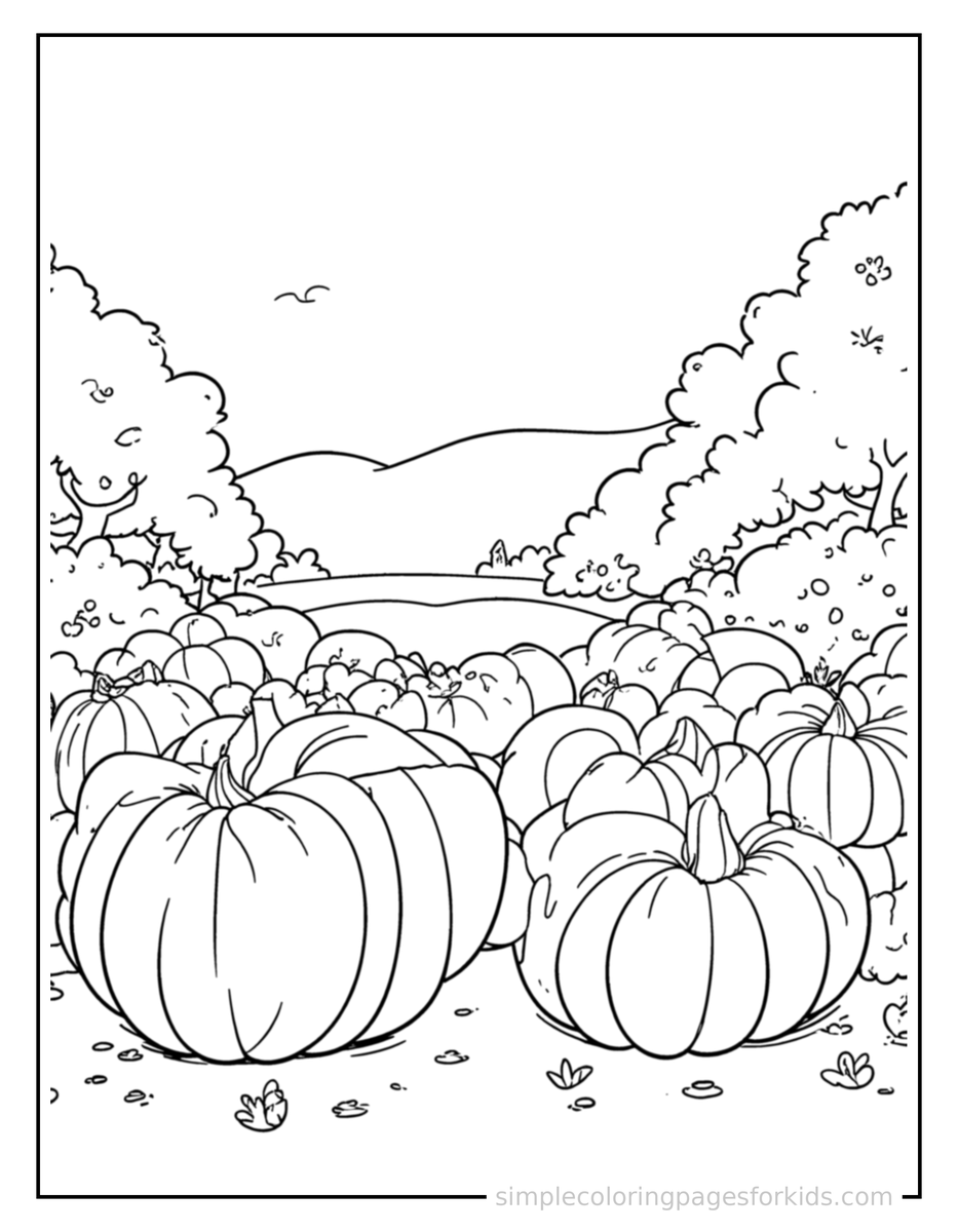 Sparkling Autumn Pumpkin Patch Scene Coloring Page