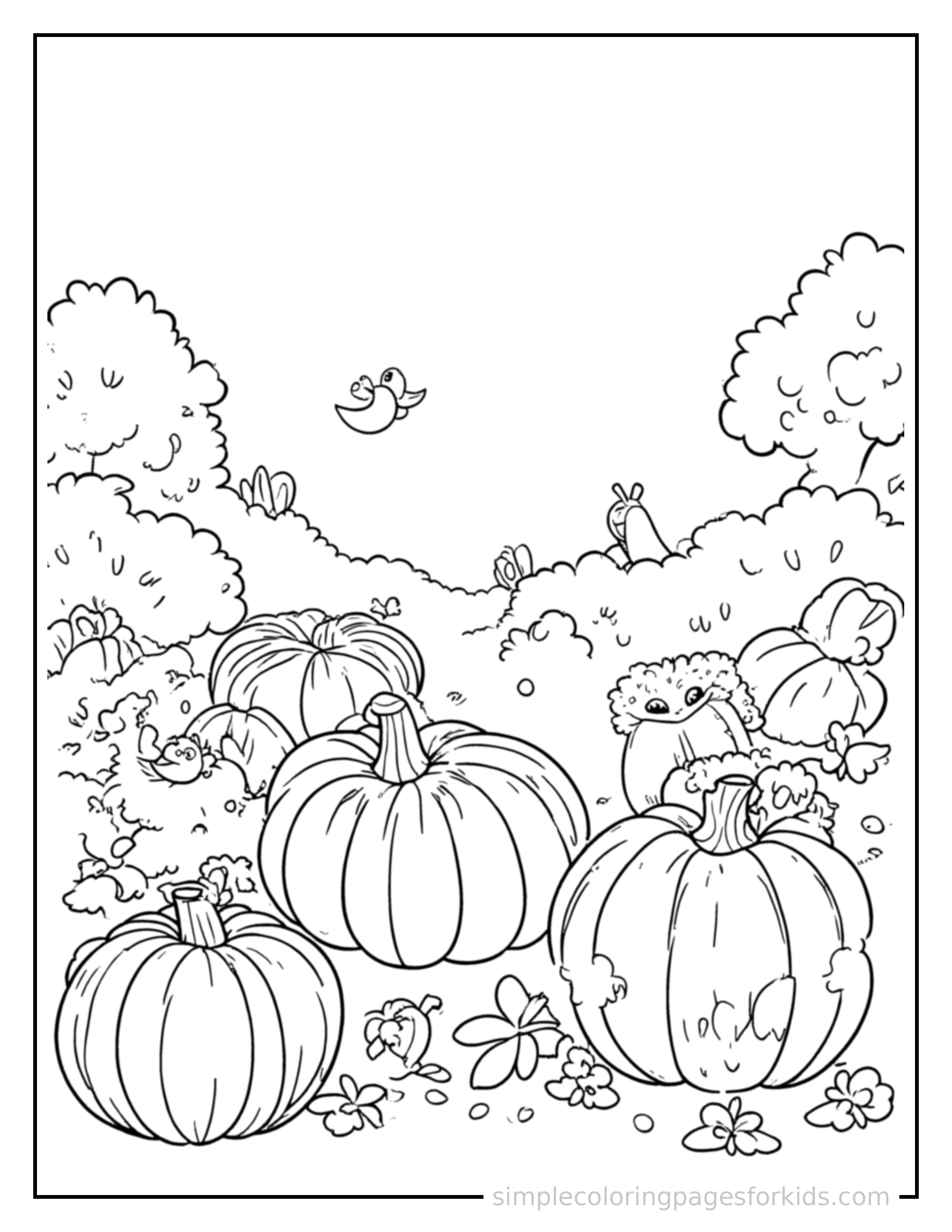 Free printable autumn pumpkin patch scene coloring page featuring a cute autumn pumpkin patch scene, shown with a smaller mini version of itself beside it.