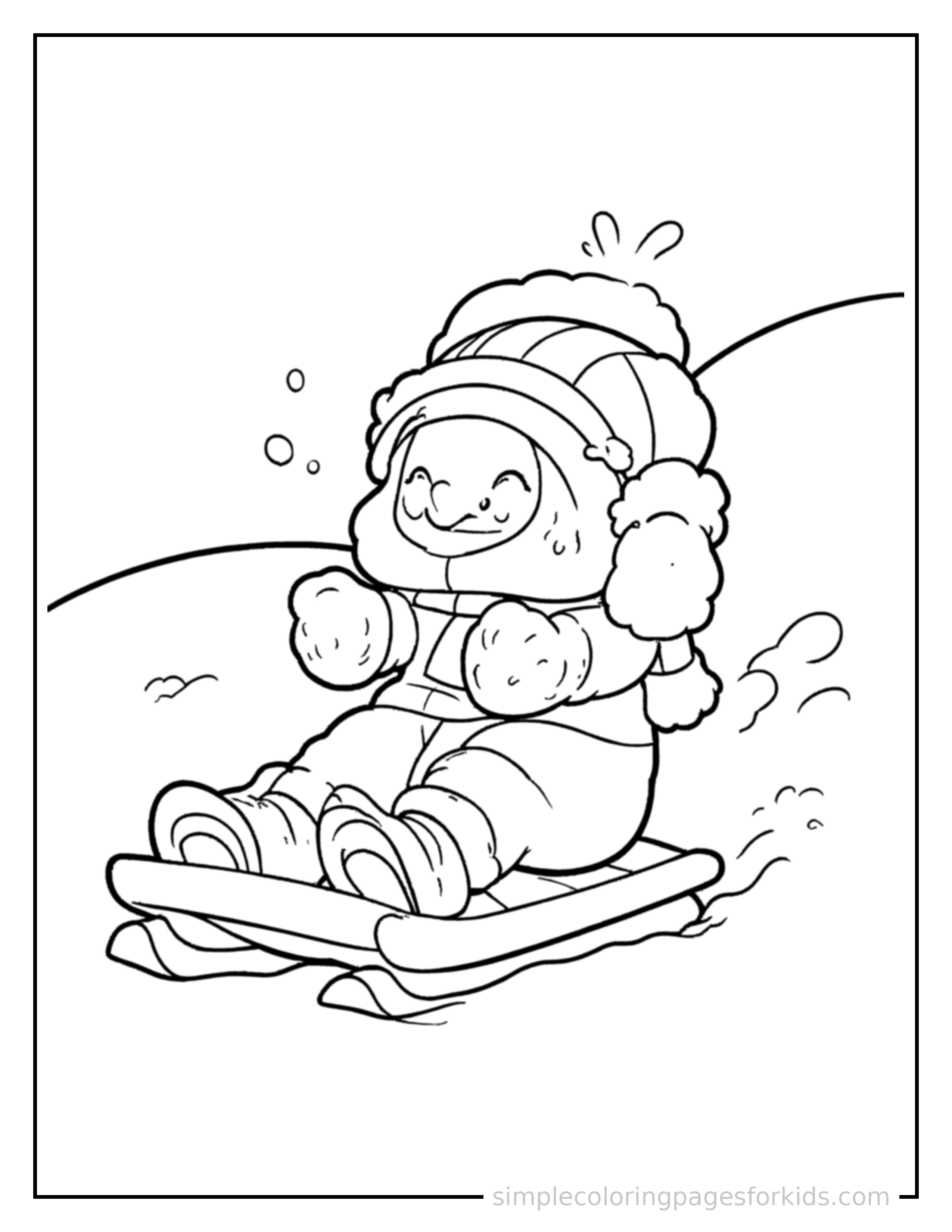 Free printable winter sledding down a hill coloring page featuring a cute winter sledding down a hill, shown as a simple central illustration with a cute smiling face.