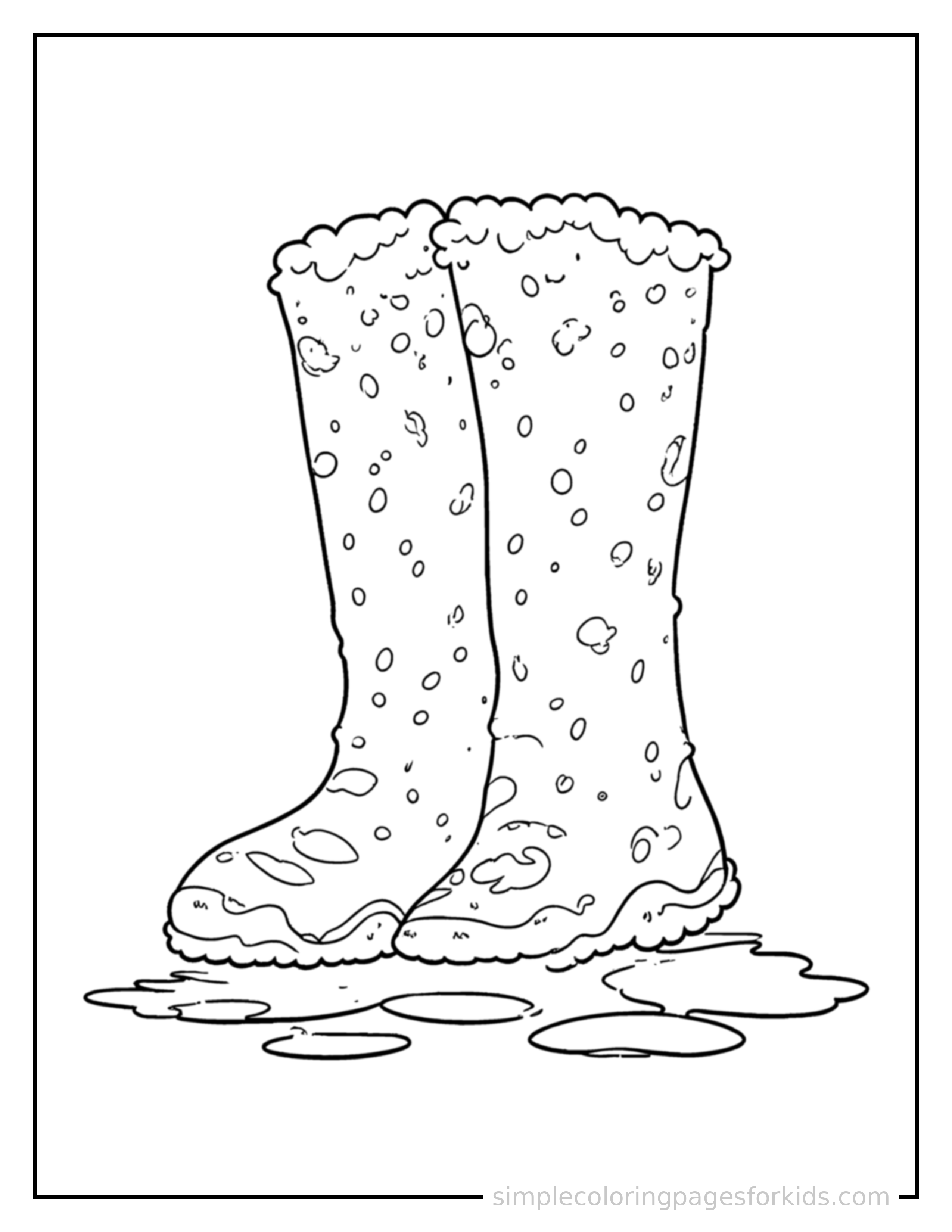 Free printable spring rain boots and puddles coloring page featuring a cute spring rain boots and puddles, shown as a simple central illustration with a cute smiling face.