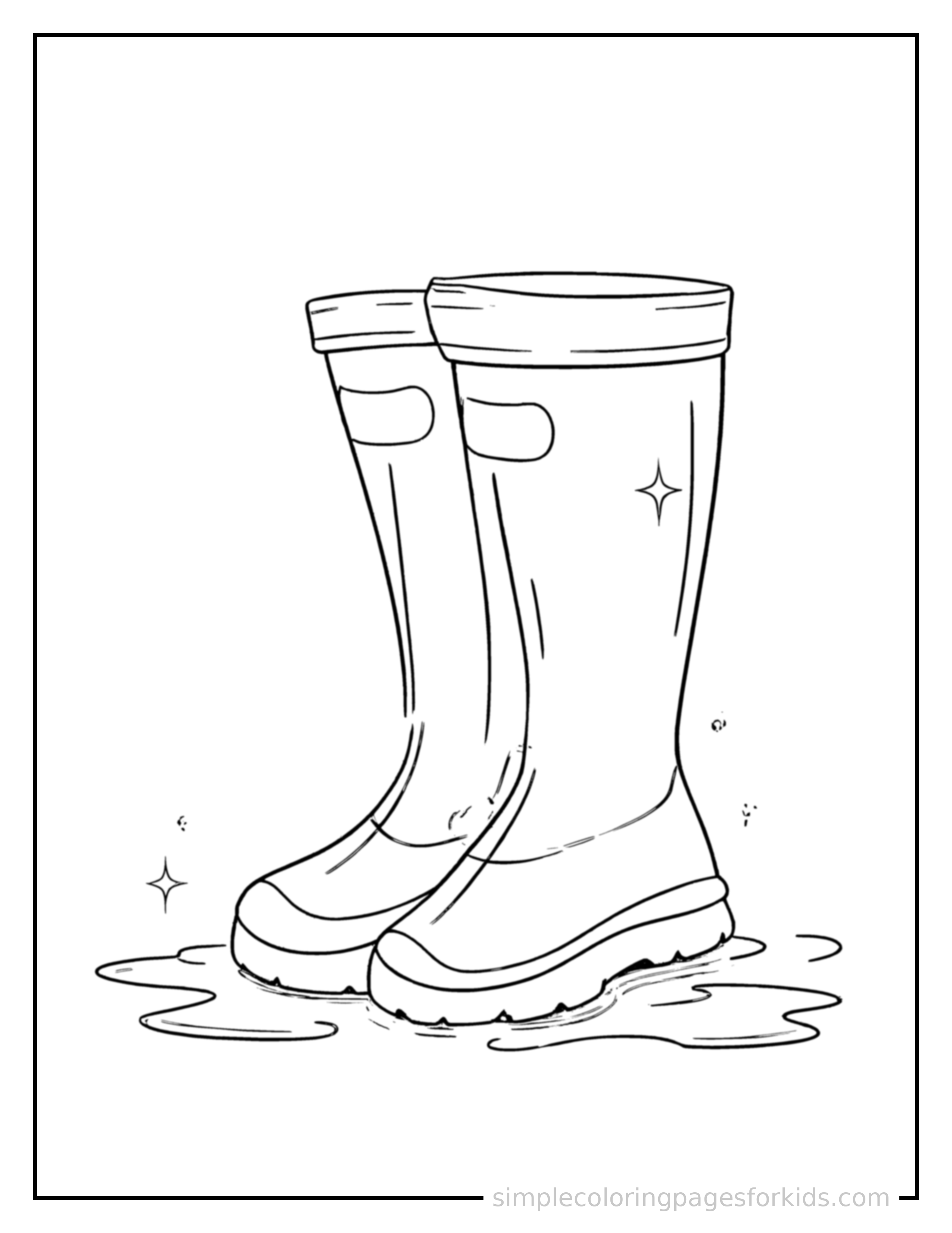 Free printable spring rain boots and puddles coloring page featuring a cute spring rain boots and puddles, shown from a slightly different angle with small decorative sparkle marks nearby.
