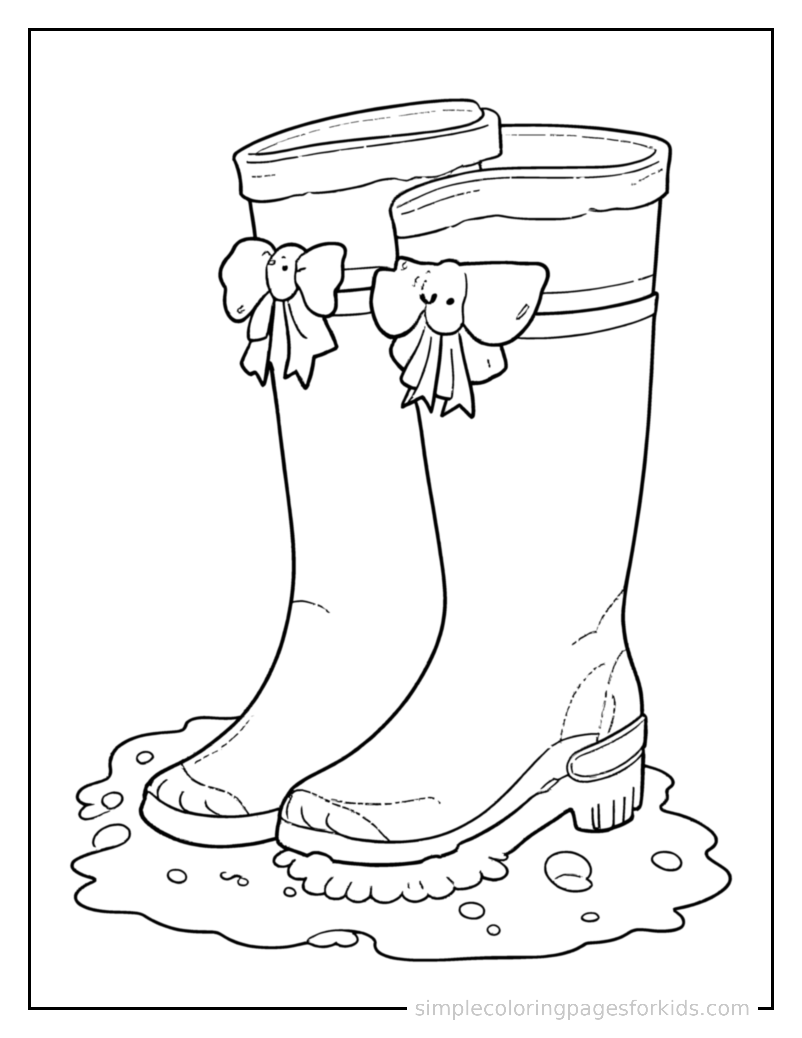Free printable spring rain boots and puddles coloring page featuring a cute spring rain boots and puddles, decorated with a simple bow or ribbon for a festive touch.