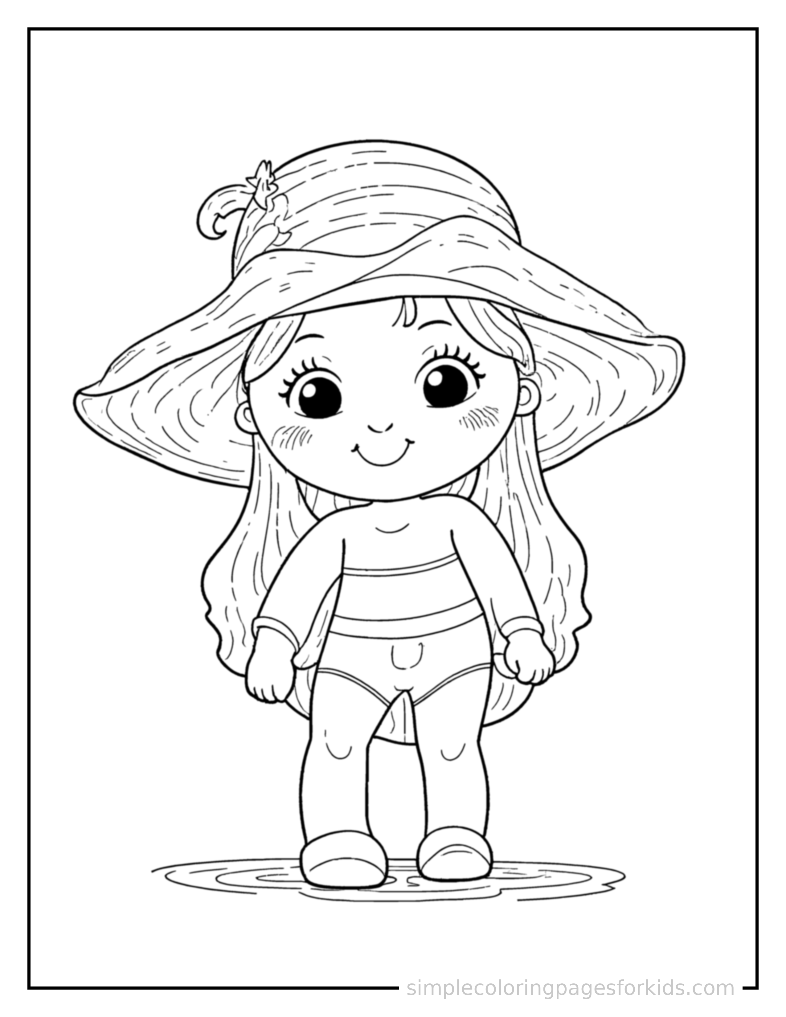 Free printable summer sunscreen and sun hat coloring page featuring a cute summer sunscreen and sun hat, shown as a simple central illustration with a cute smiling face.