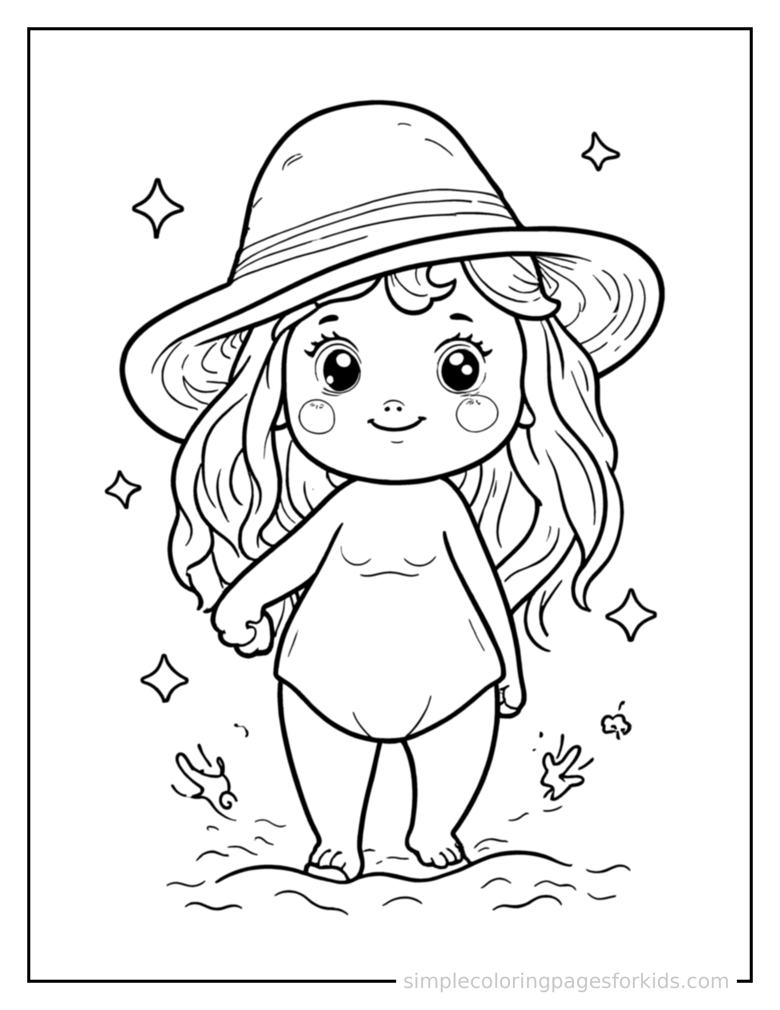 Free printable summer sunscreen and sun hat coloring page featuring a cute summer sunscreen and sun hat, shown from a slightly different angle with small decorative sparkle marks nearby.