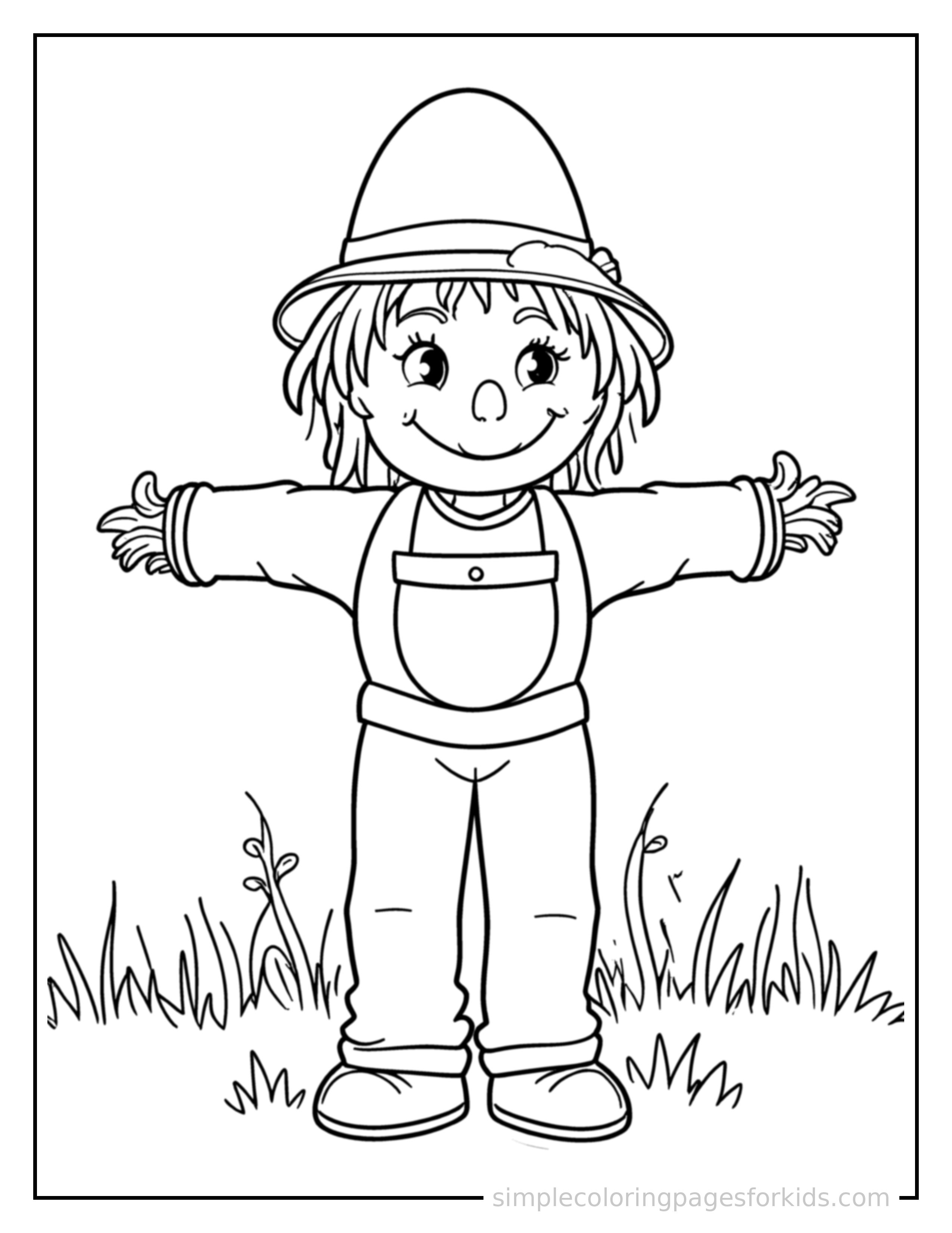 Free printable autumn scarecrow in a field coloring page featuring a cute autumn scarecrow in a field, shown as a simple central illustration with a cute smiling face.
