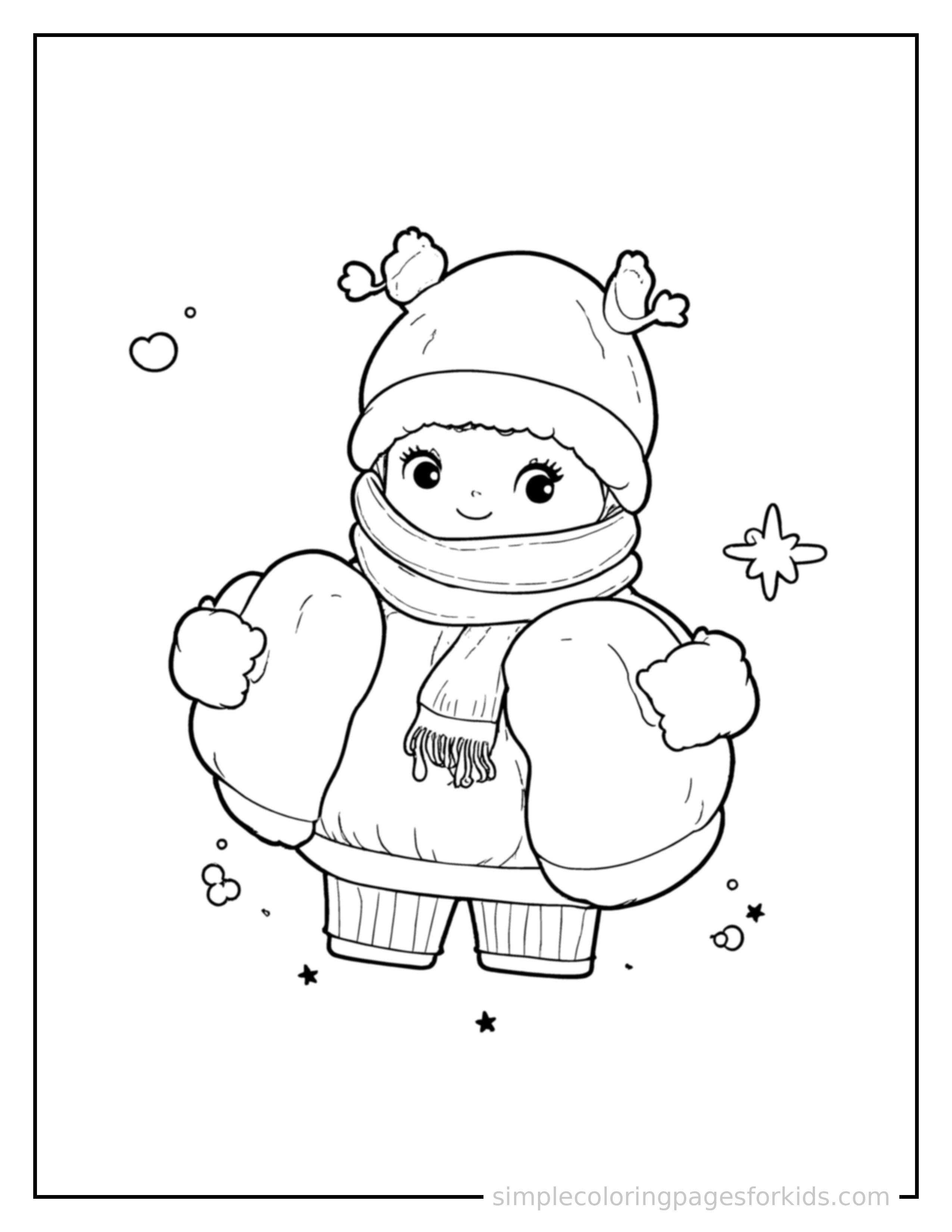 Free printable winter mittens and a scarf coloring page featuring a cute winter mittens and a scarf, shown from a slightly different angle with small decorative sparkle marks nearby.