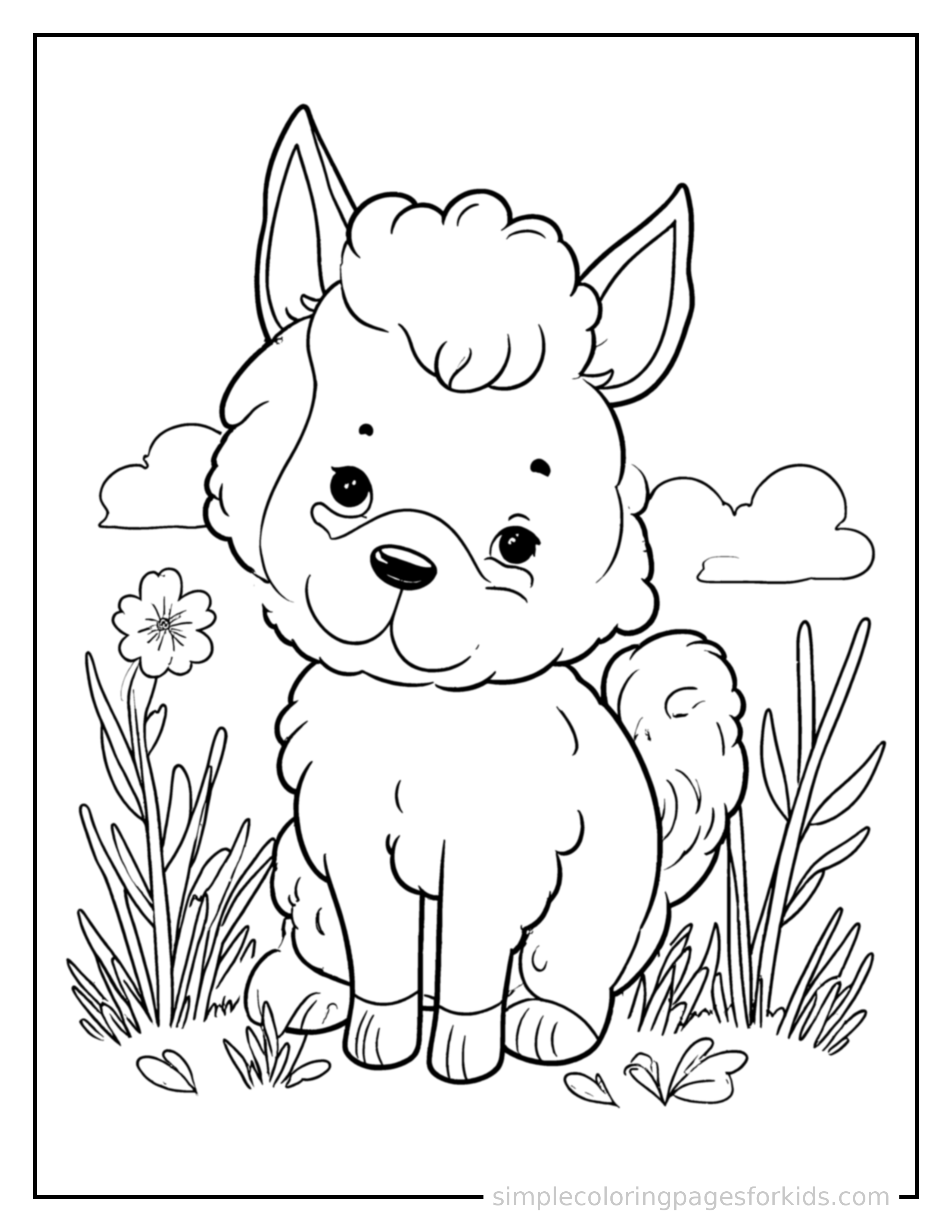 Free printable spring baby animals in a meadow coloring page featuring a cute spring baby animals in a meadow, shown as a simple central illustration with a cute smiling face.