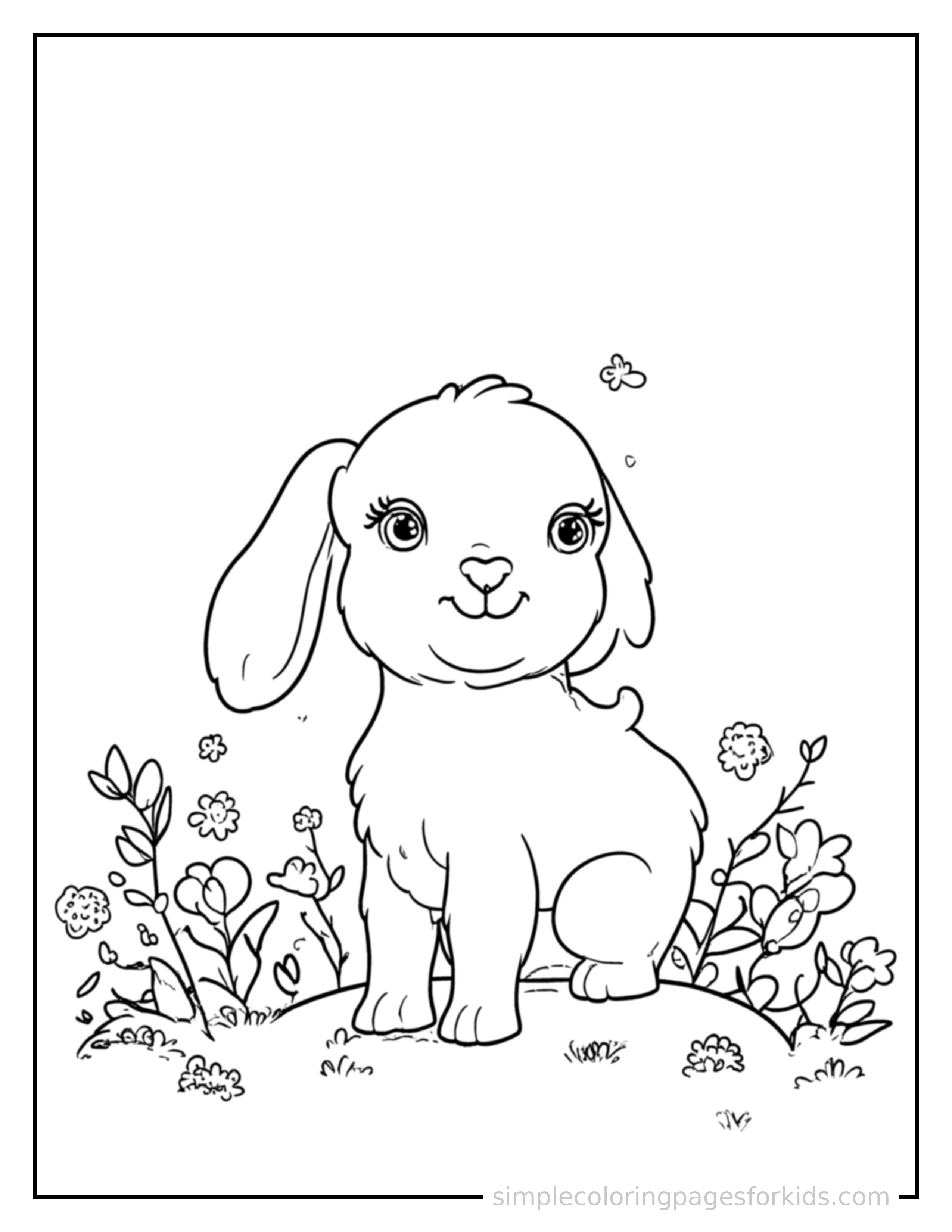 Free printable spring baby animals in a meadow coloring page featuring a cute spring baby animals in a meadow, shown from a slightly different angle with small decorative sparkle marks nearby.